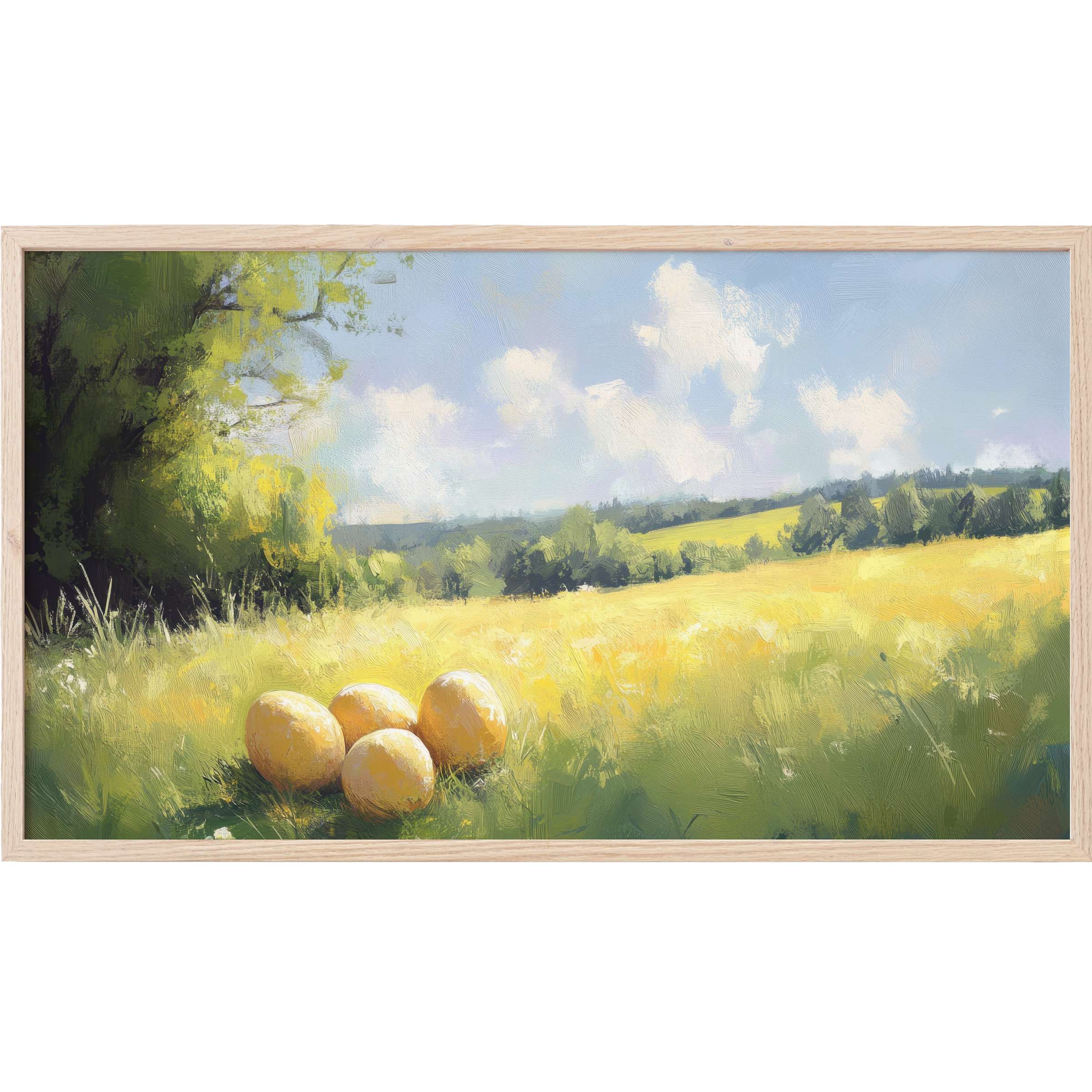 Sunlit meadow with four golden eggs in soft brushstrokes, blending greens and yellows; easter Frame TV Art