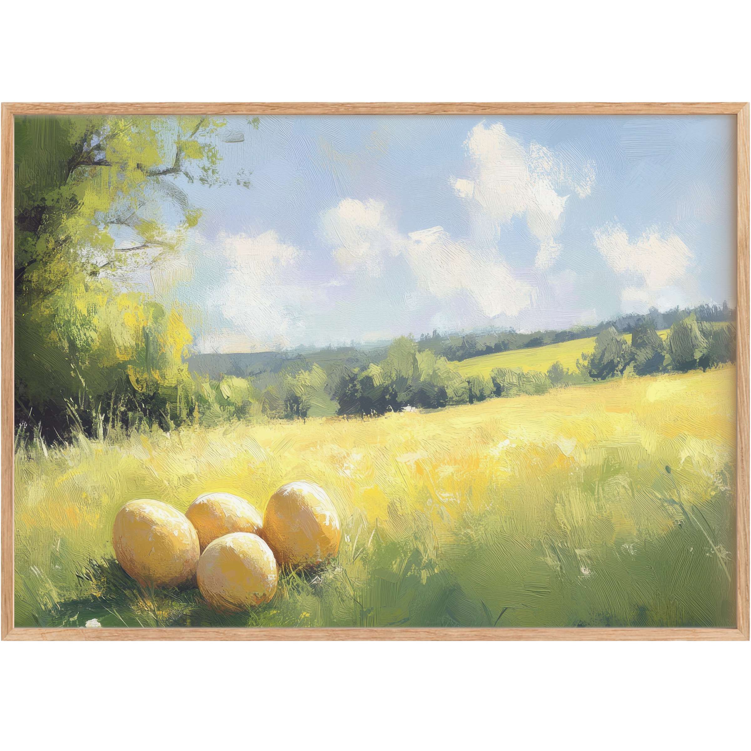Radiant easter printable wall art featuring sunlit golden eggs in a serene meadow, evoking warmth and springtime elegance