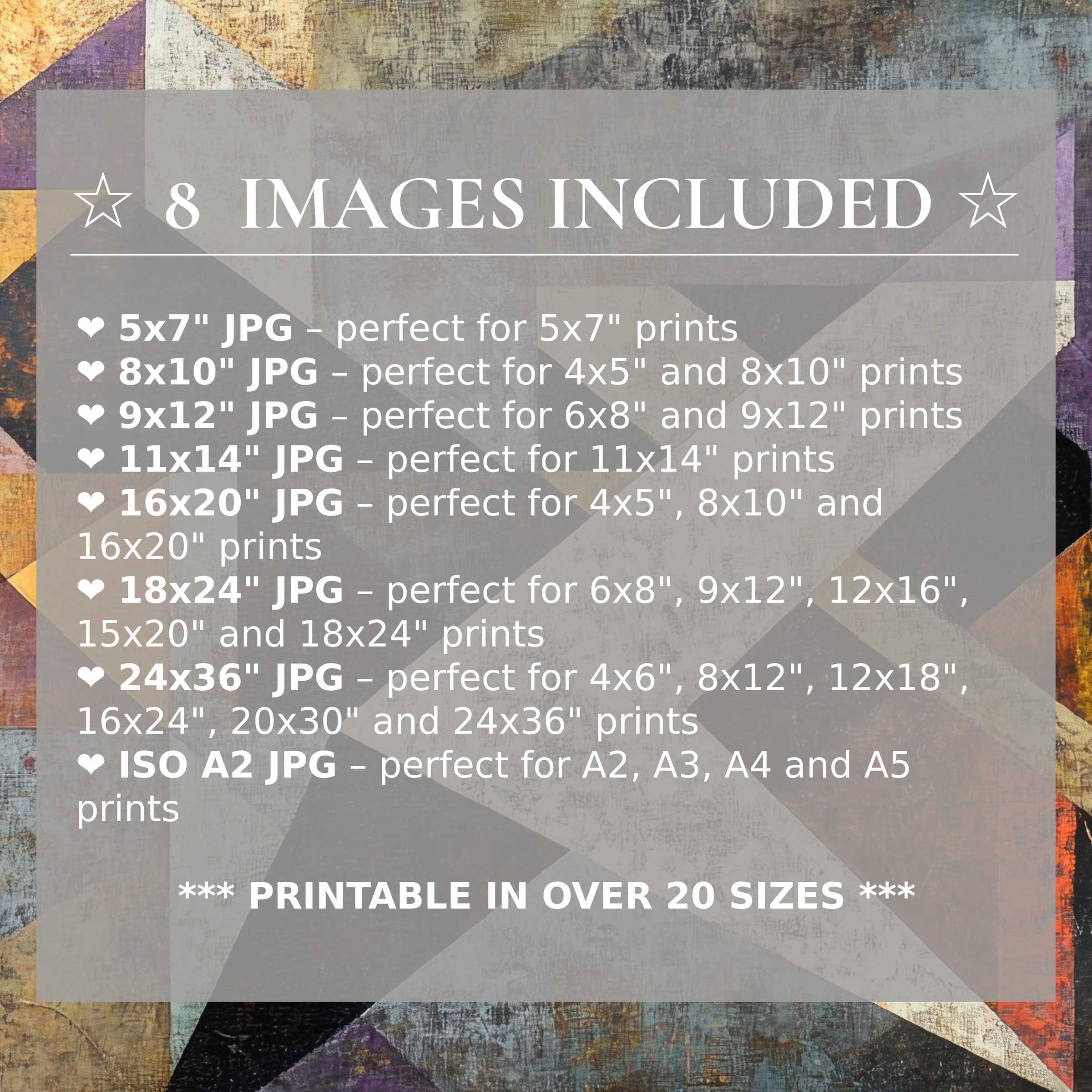 Radiant abstract digital print in warm golds, purples, and blues, elevating modern interiors with style and 8 high-quality sizes included