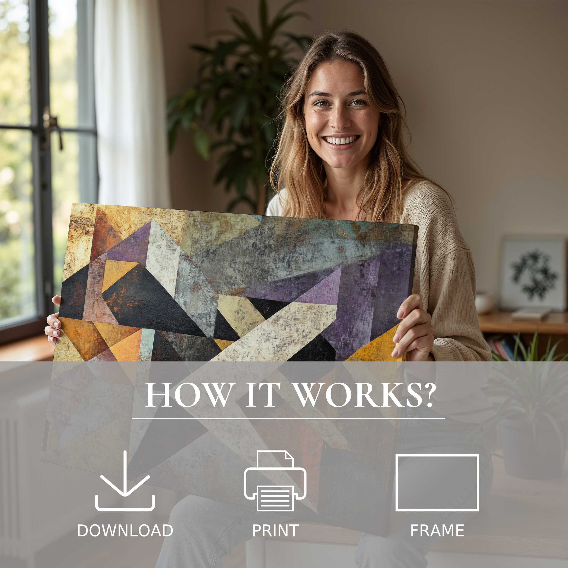 Radiant joy in a modern home as abstract digital art print infuses warmth and effortless style into everyday living