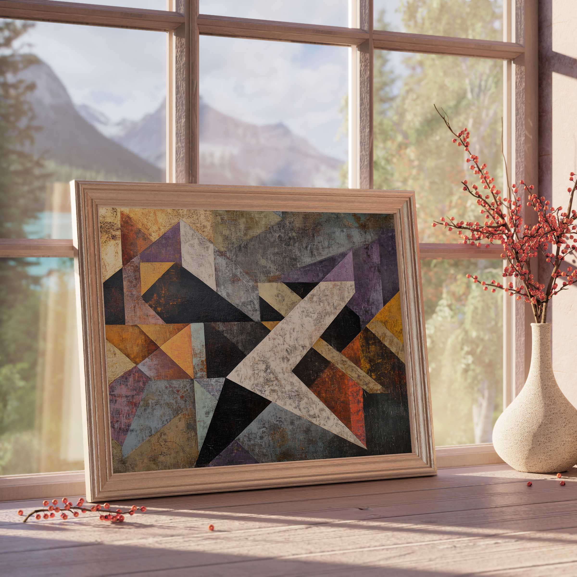 Abstract downloadable art with rich earthy tones and dynamic geometric forms, elevating tranquil, curated interiors with timeless sophistication