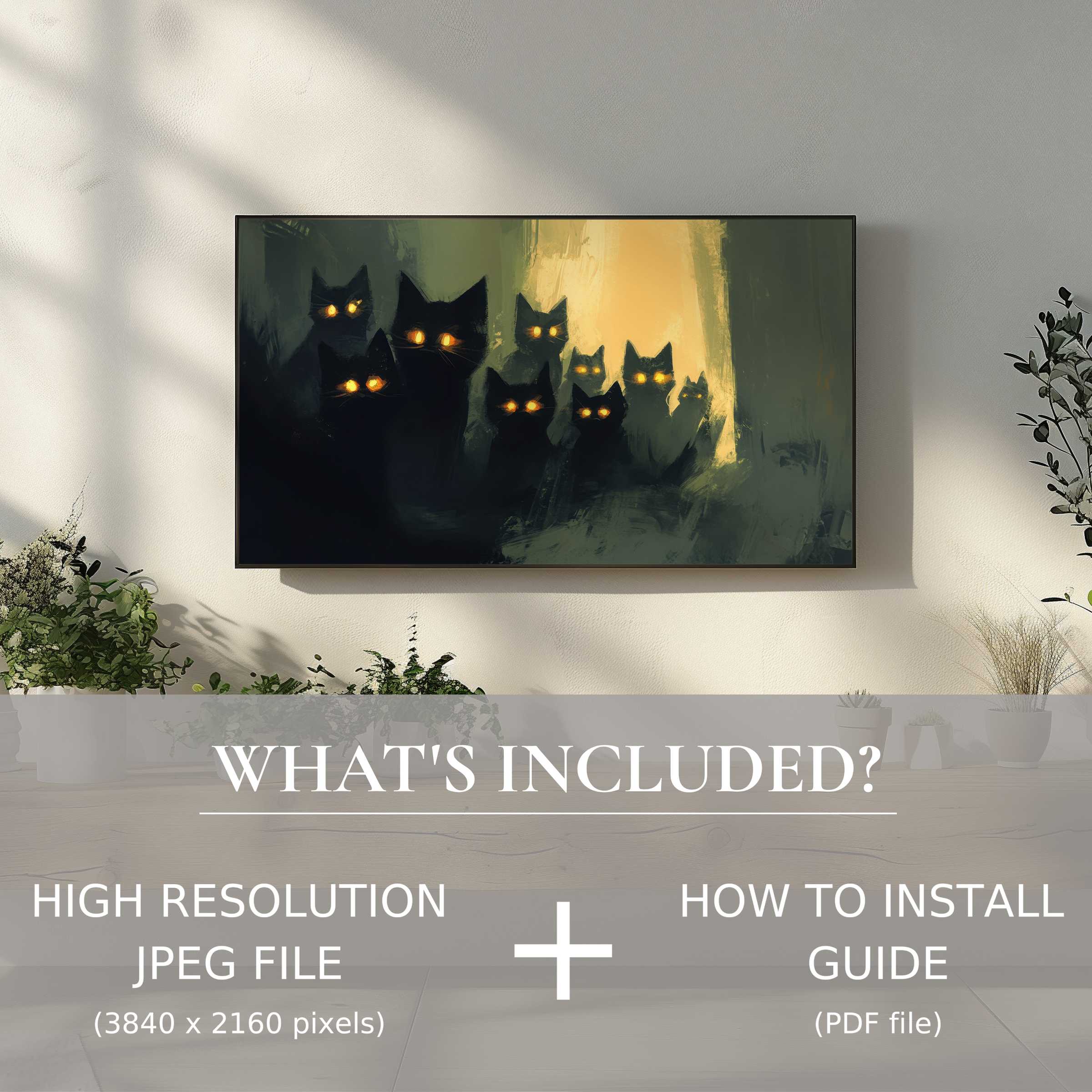 Elegant Halloween digital TV art download with glowing cats, easy digital use enhances chic, modern living spaces