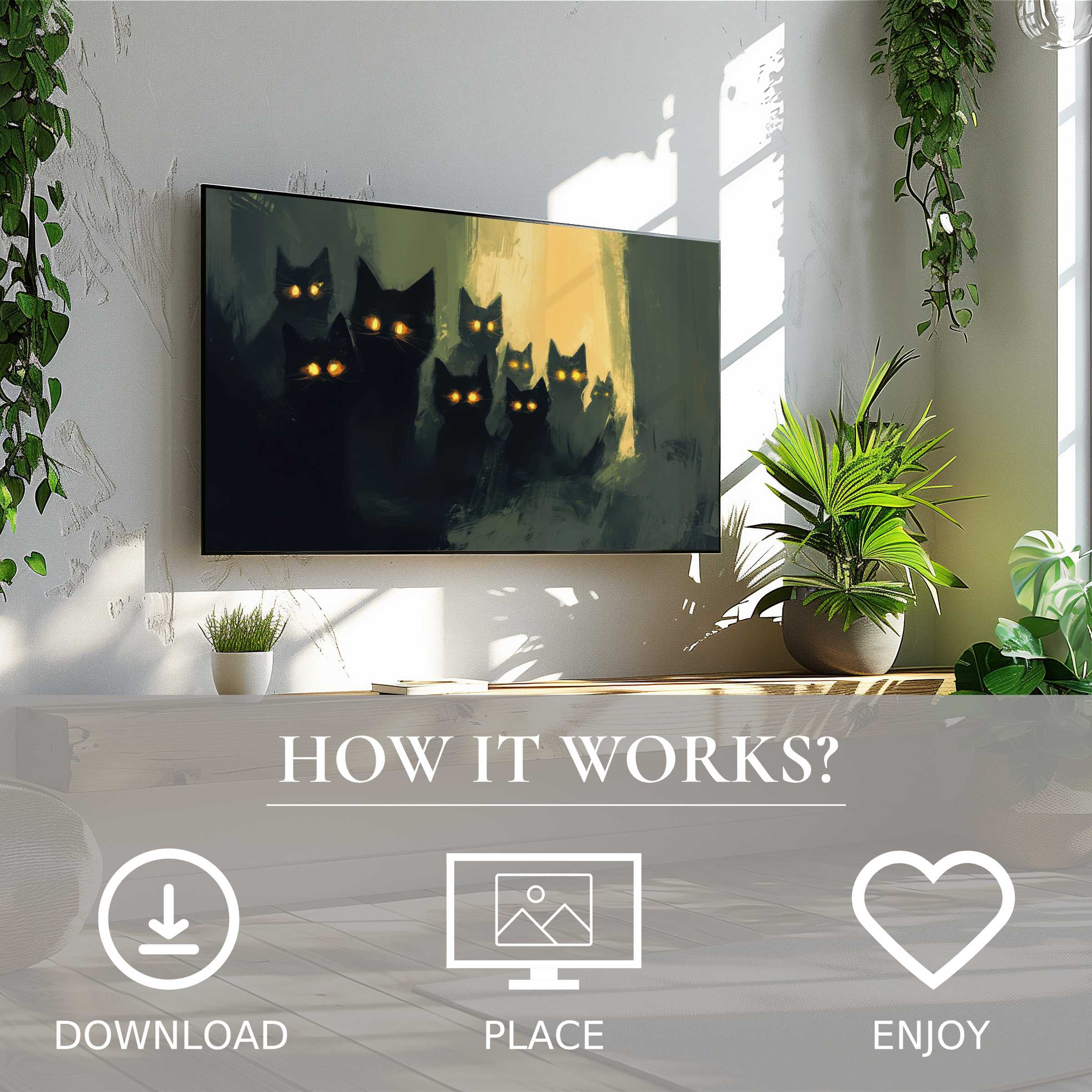 Modern living room with easy digital download; halloween art for Samsung TV shows glowing cat eyes in dark hues