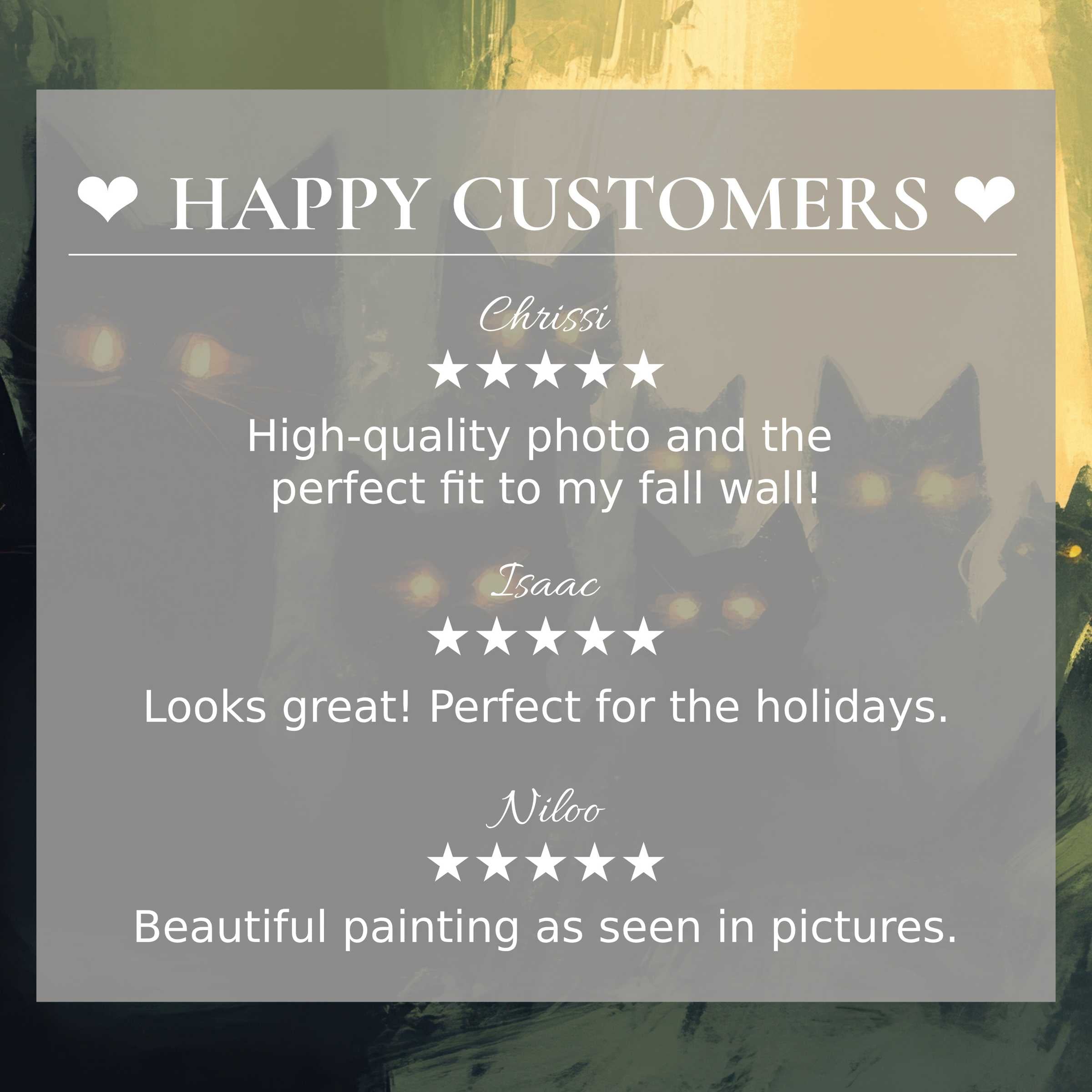 Elegant halloween art for Frame TV with glowing cats on an abstract dusk background, highlighting happy customer trust