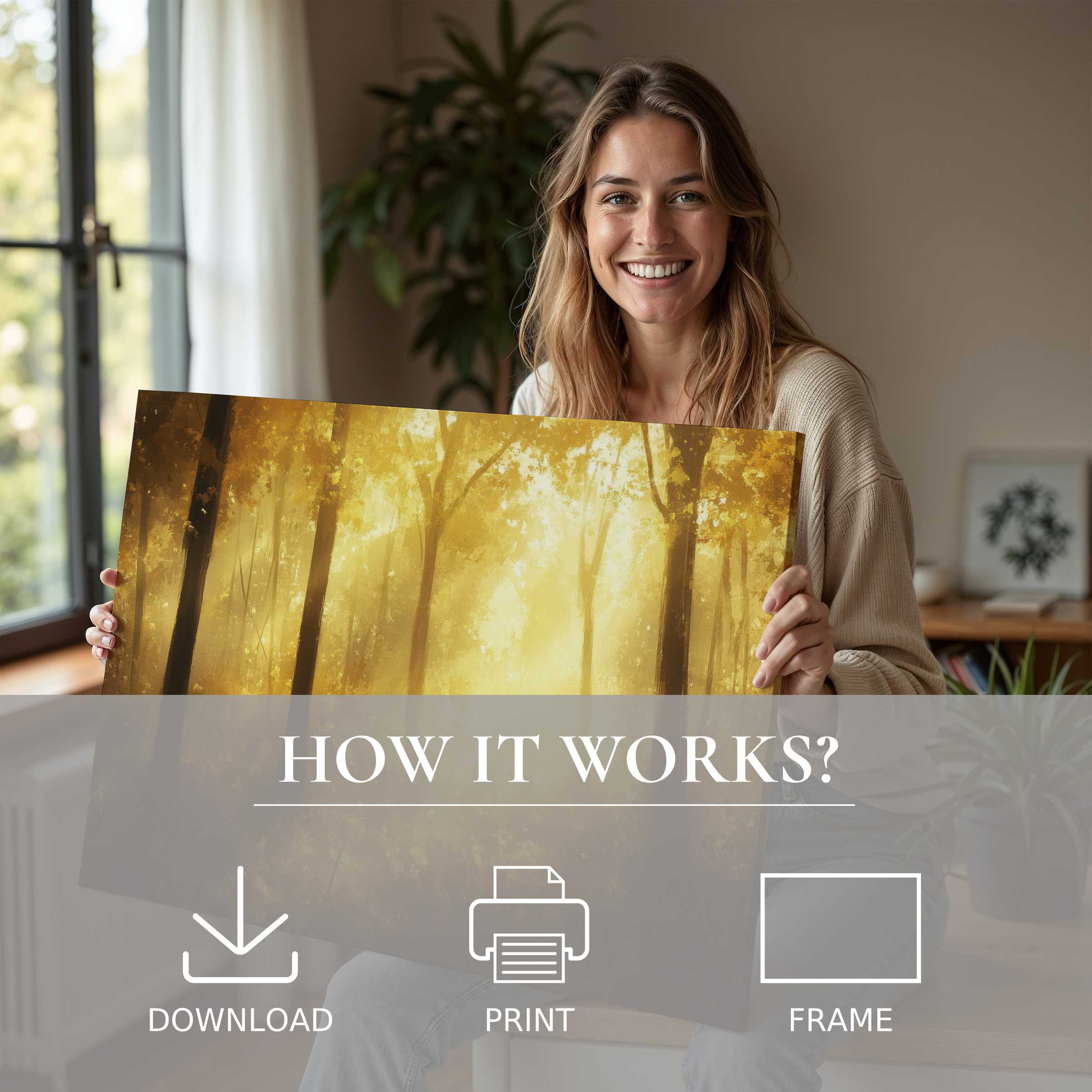 Bright fall digital art print embraced in a modern home, evoking warmth, joy, and effortless elegance in decor