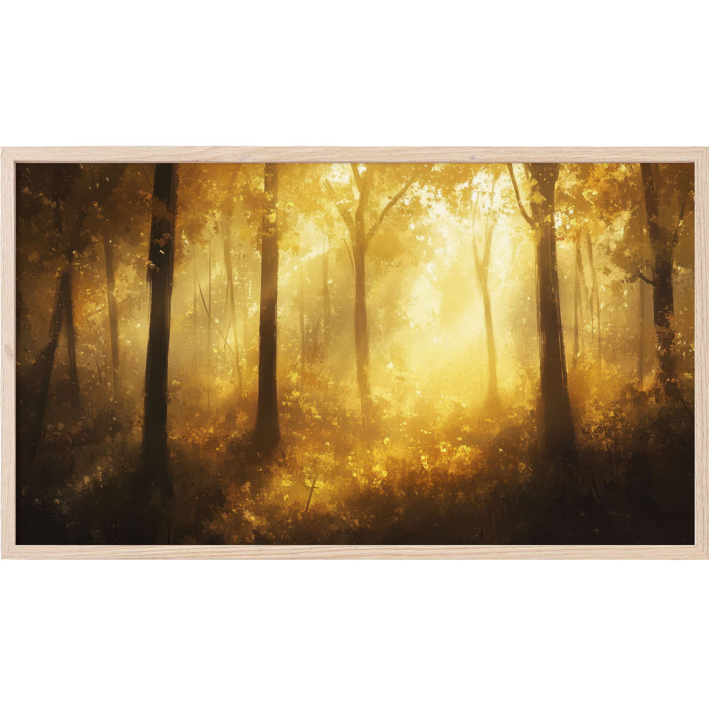 Fall Frame TV Art featuring a golden-hued, luminous forest scene with deep shadows and soft light