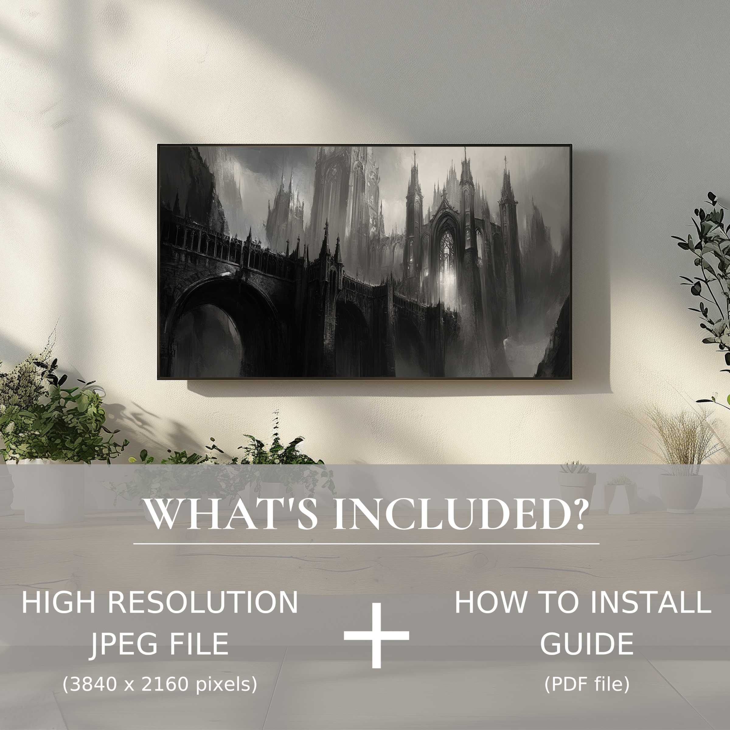 Elegant black and white digital TV art download enriches minimalist living spaces with easy digital use and striking Gothic imagery