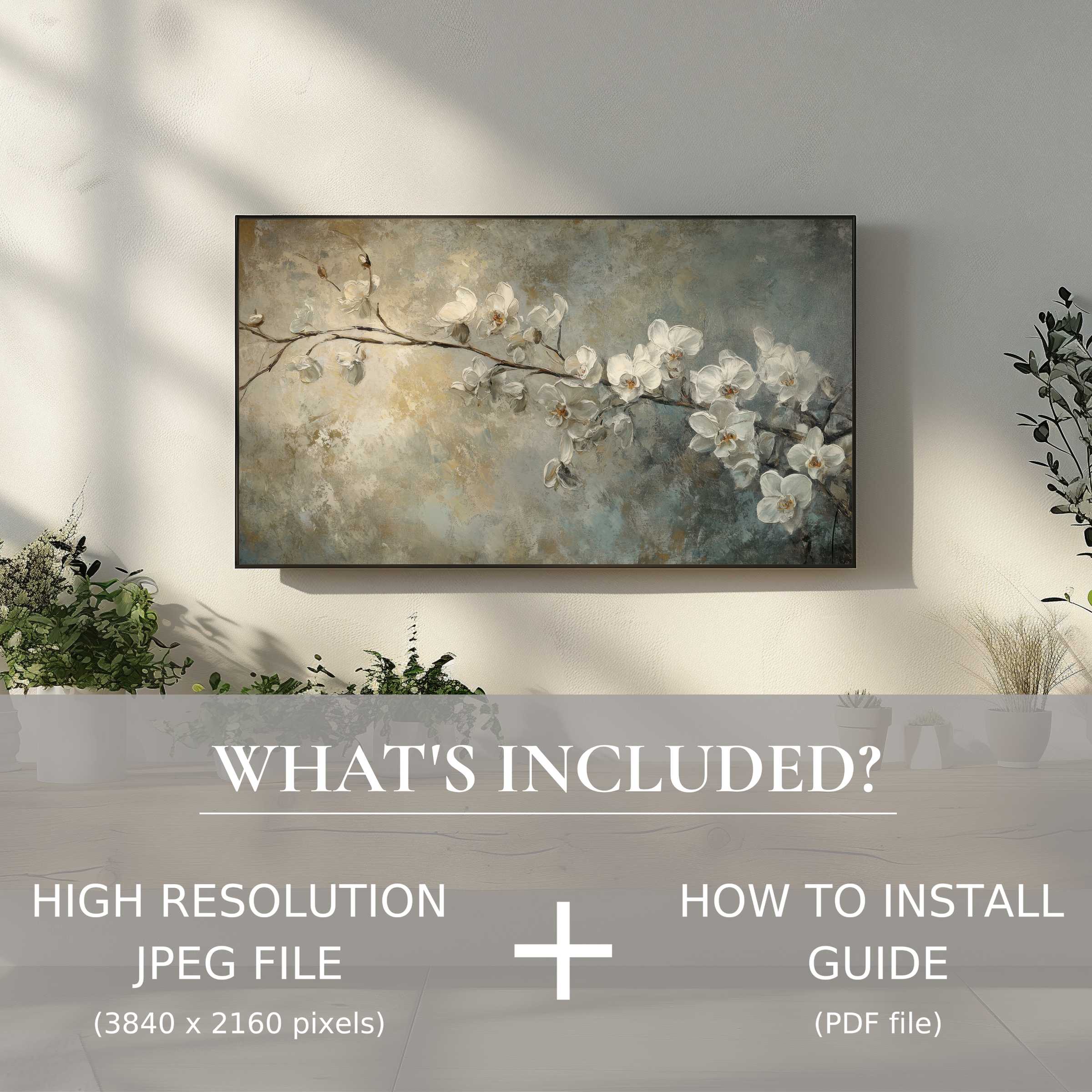 Elegant botanical digital TV art download enhances serene living spaces with easy digital use and high-res installation guide