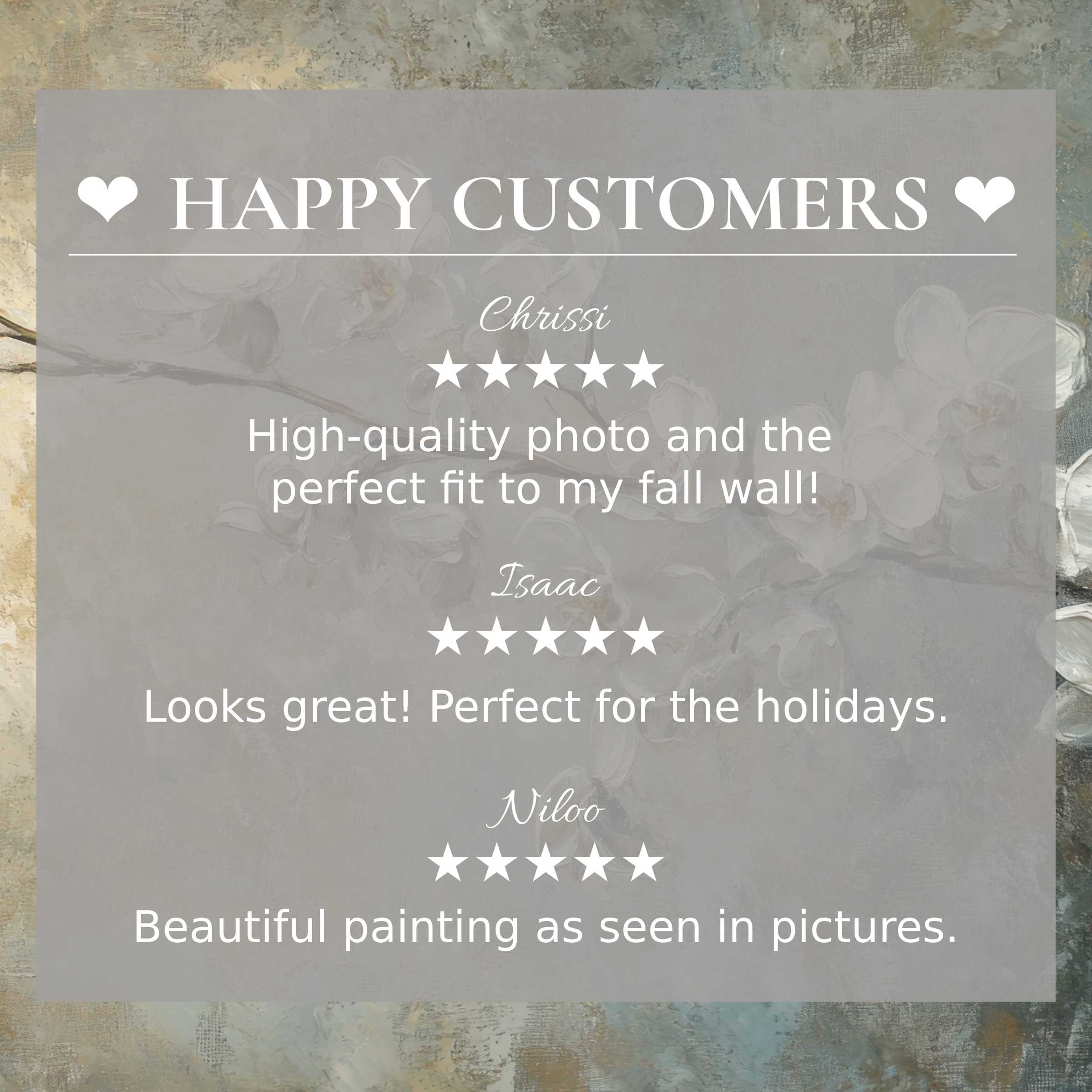Botanical art for Frame TV on muted floral background; happy customer reviews build trust and showcase refined elegance
