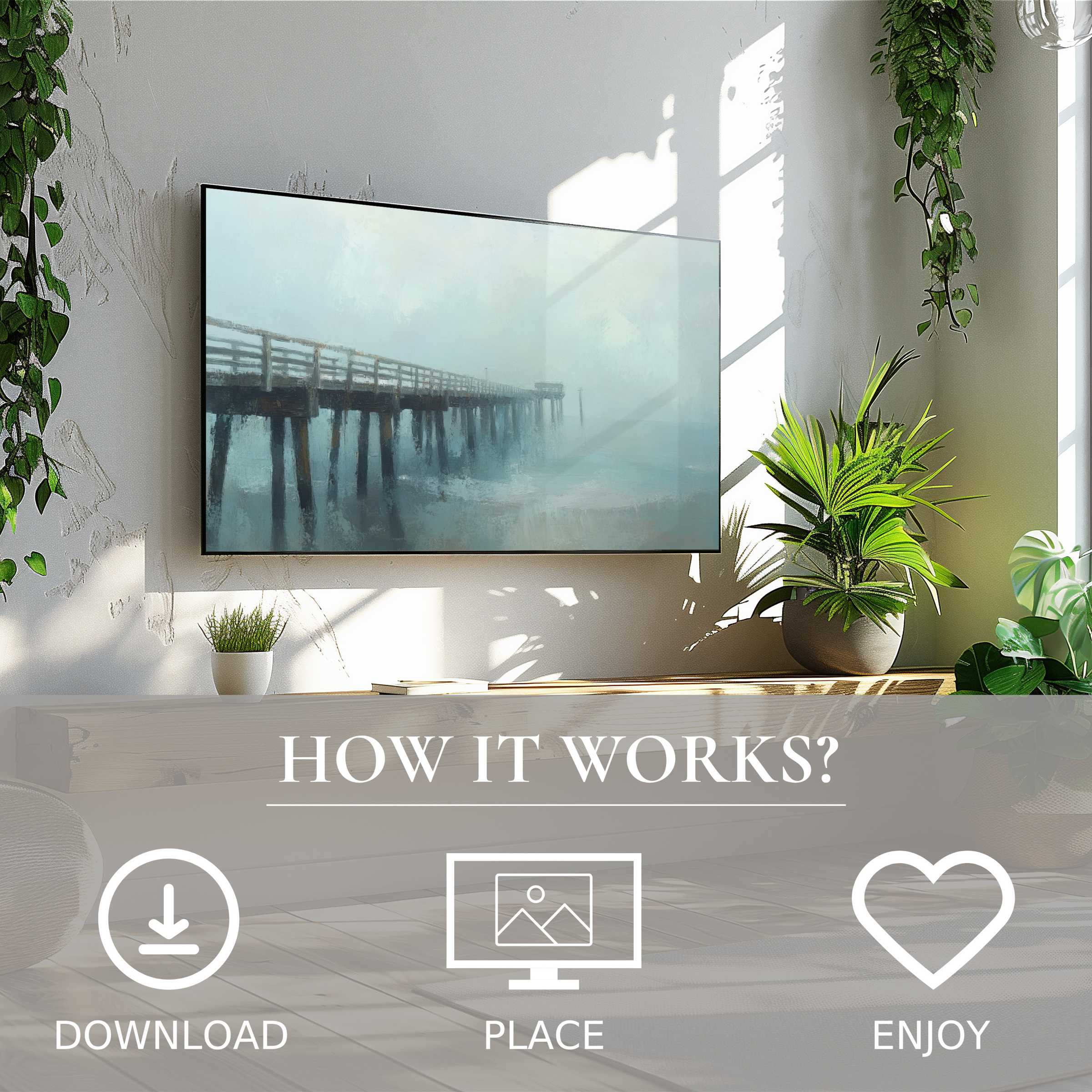 Beach art for Samsung TV shows misty pier in soft blue tones, easy digital download enriches your modern living space