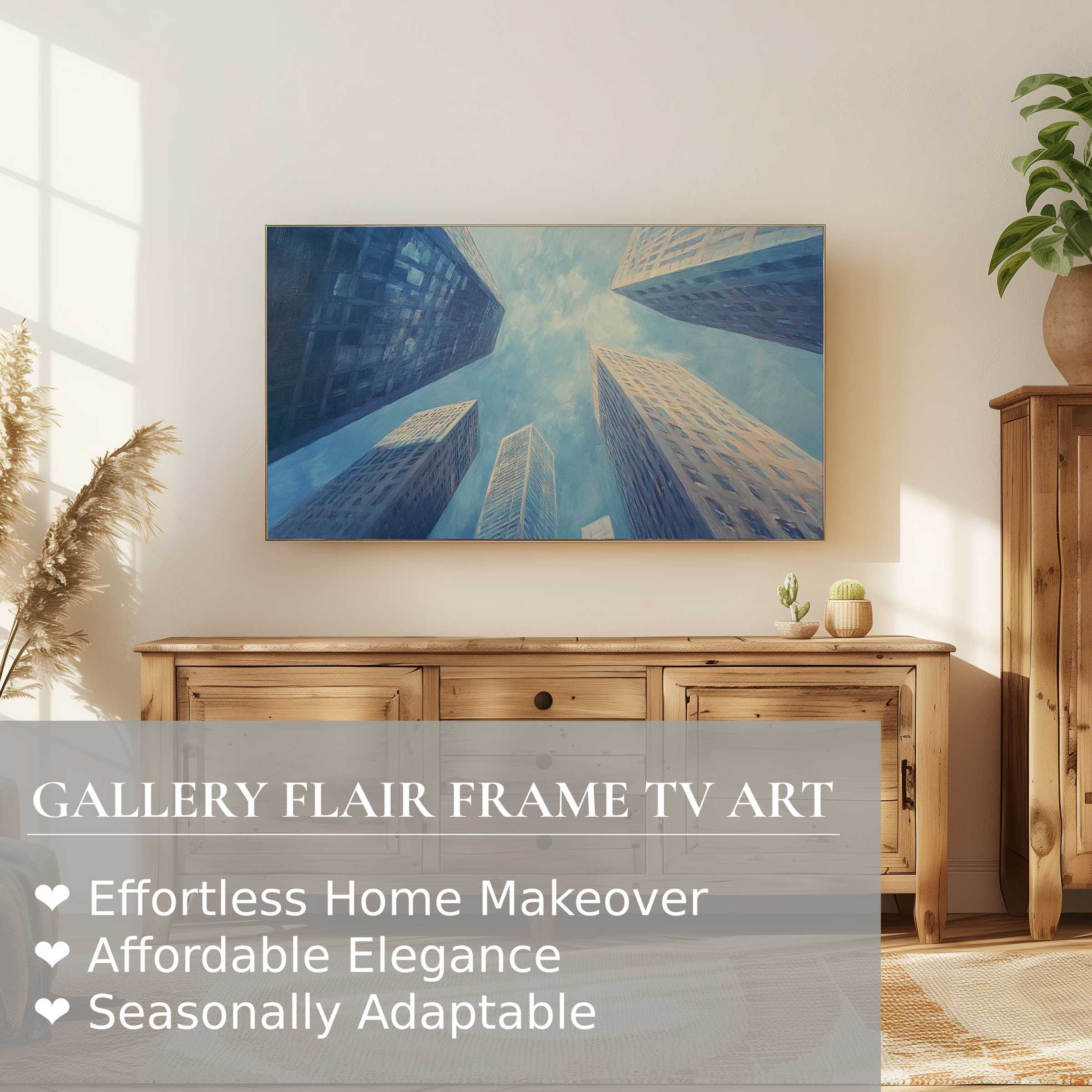 Modern Samsung Frame TV displays urban digital artwork of skyscrapers against serene sky in a warm, stylish living space