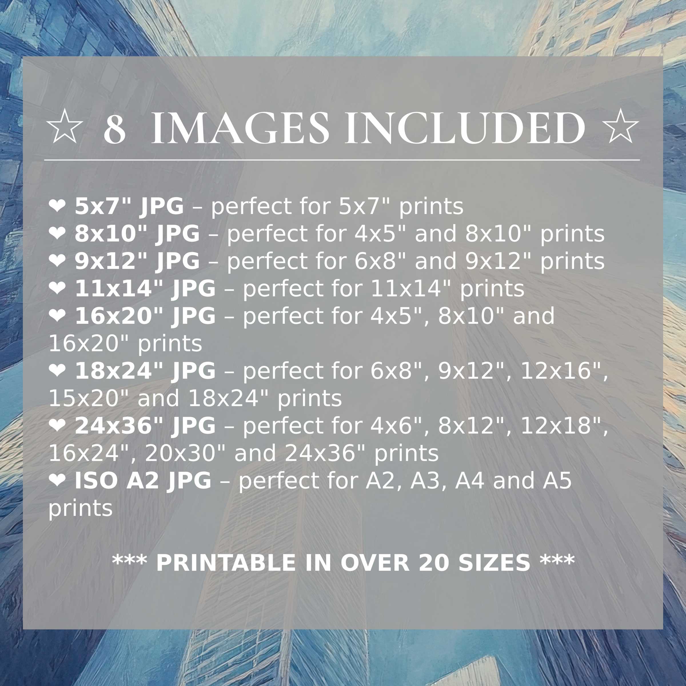Radiant urban digital print in soothing blue tones, elevating modern interiors with style and flexible 8-size downloads