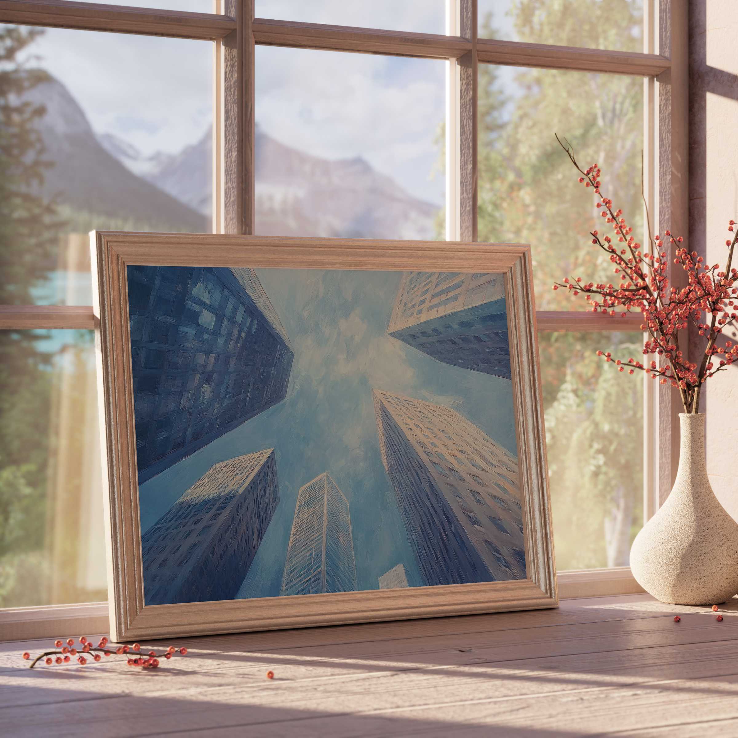 Urban downloadable art capturing soaring skyscrapers in soft blues, enlivening curated interiors with tranquil, design-forward cityscapes