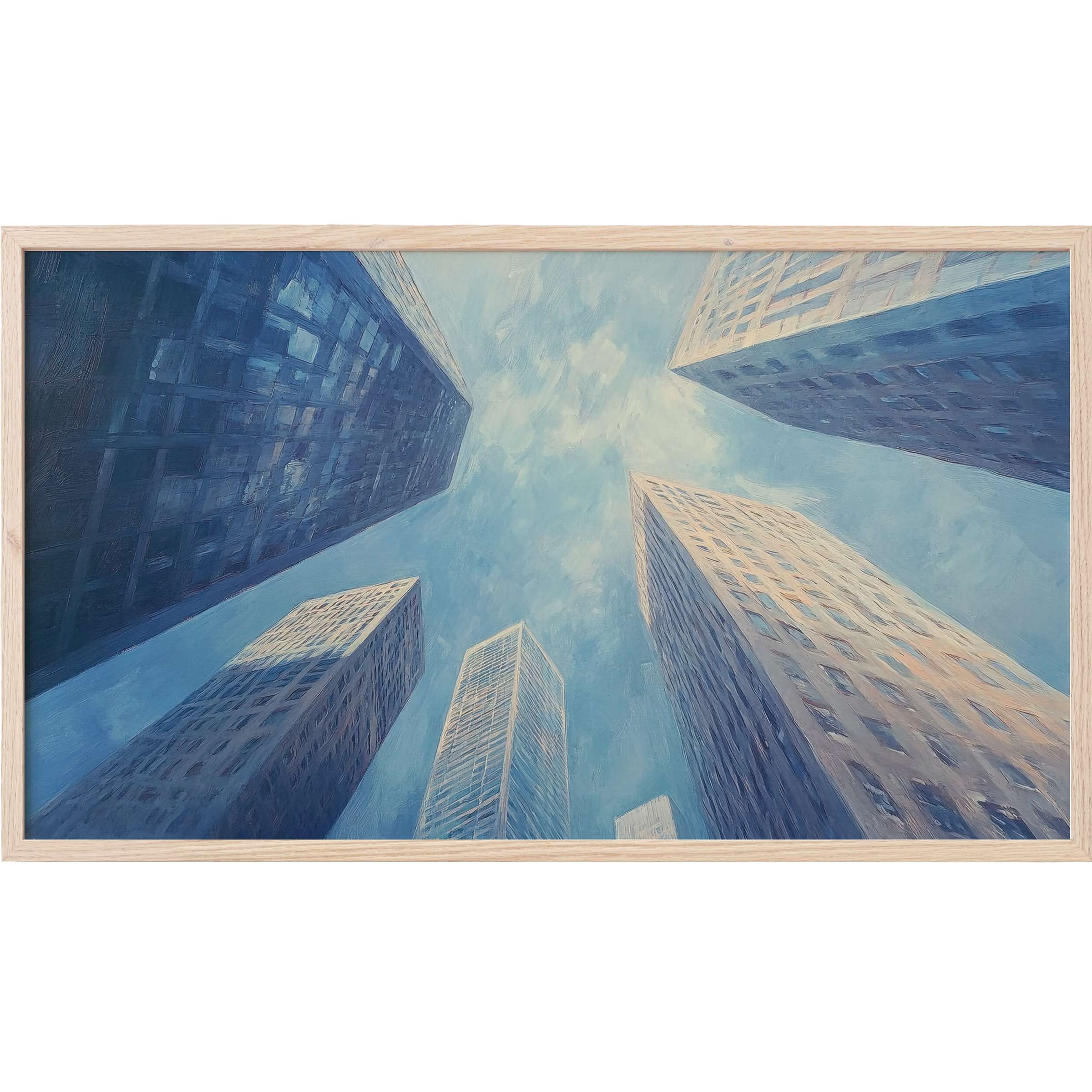 Urban Frame TV Art depicts towering skyscrapers in soft blues and warm neutrals, evoking serene cityscape elegance