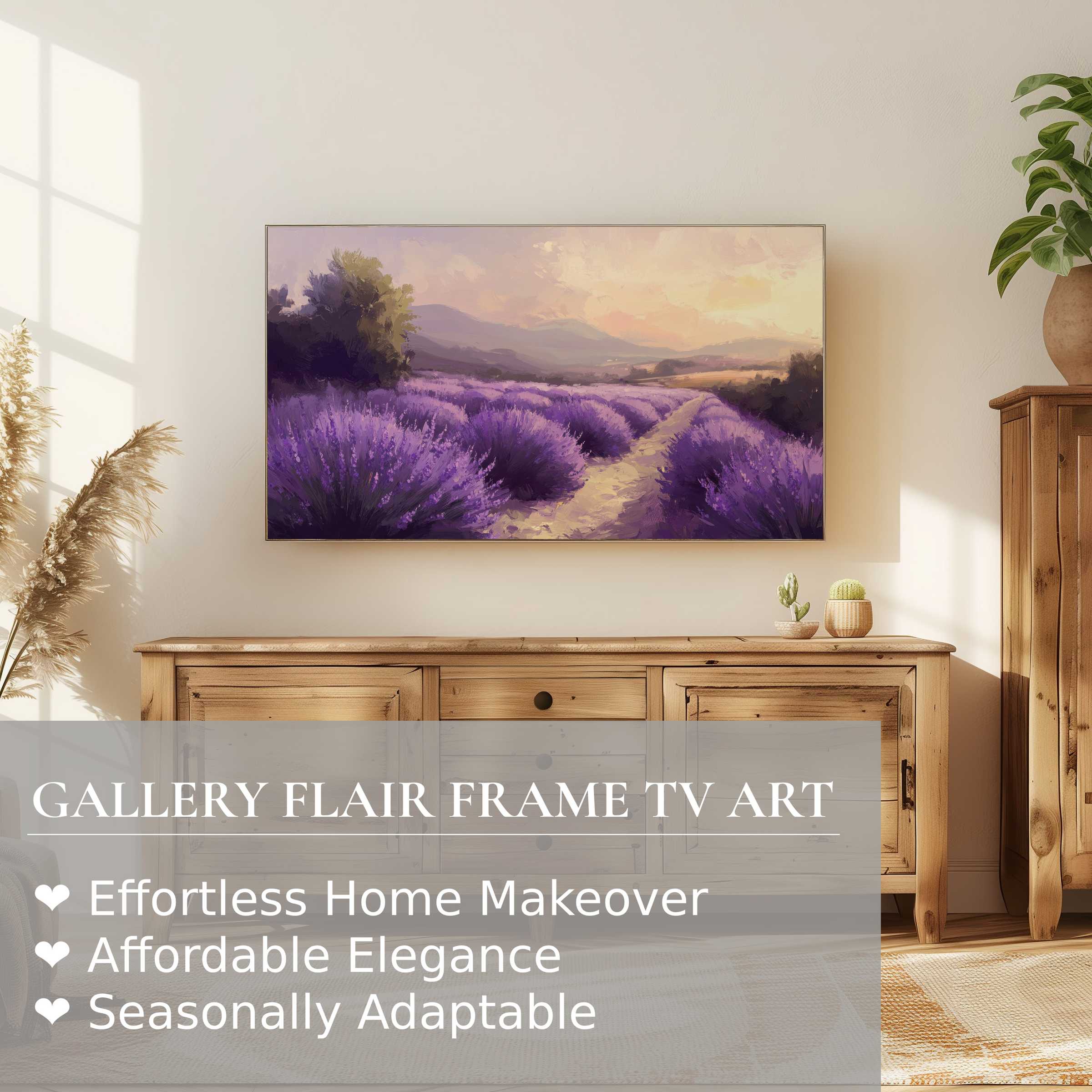 Samsung Frame TV showcasing a serene summer digital artwork of lavender fields in an elegant living space