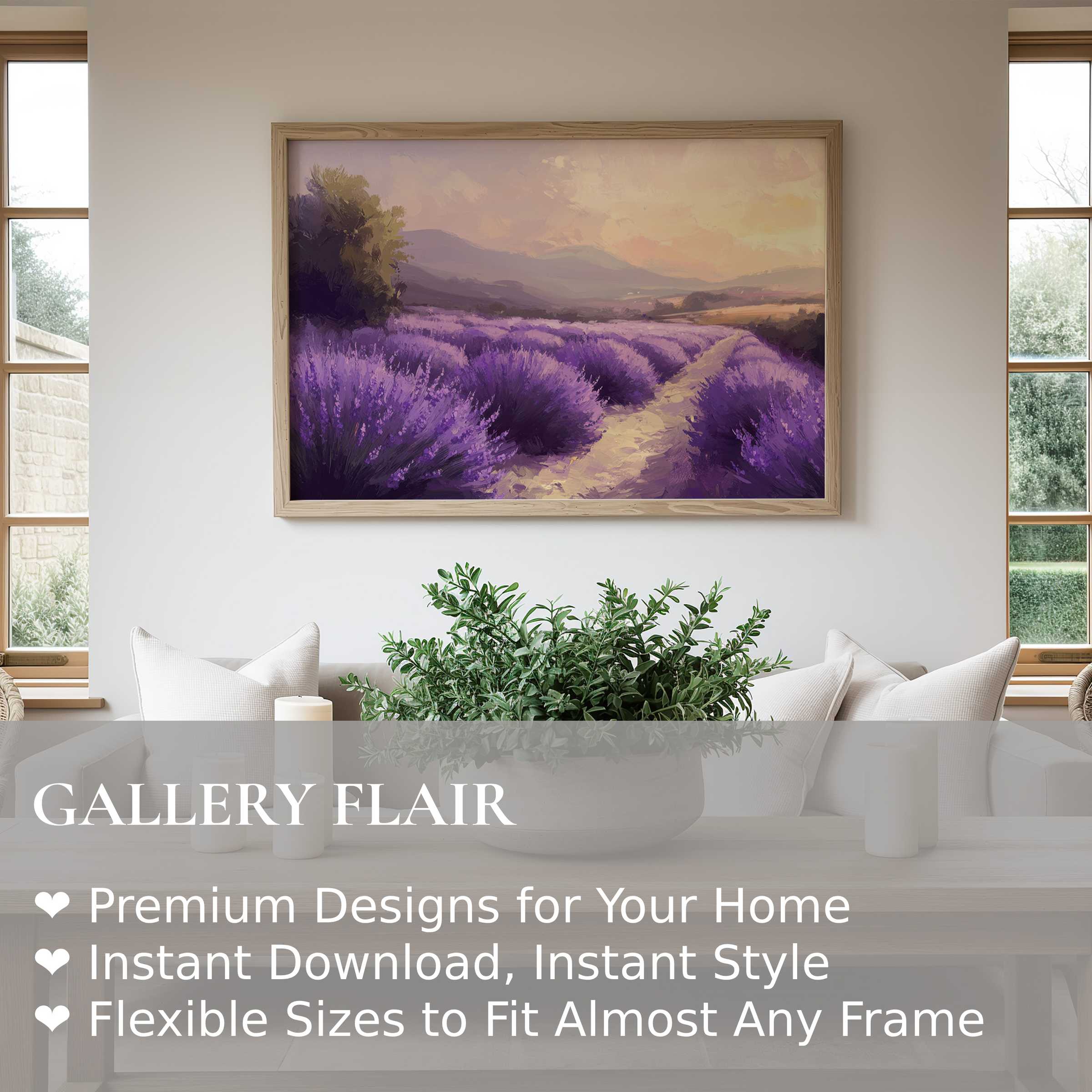 Summer wall art print of a radiant lavender field at sunset, enhancing modern Scandinavian interiors with calming, elegant charm and natural beauty