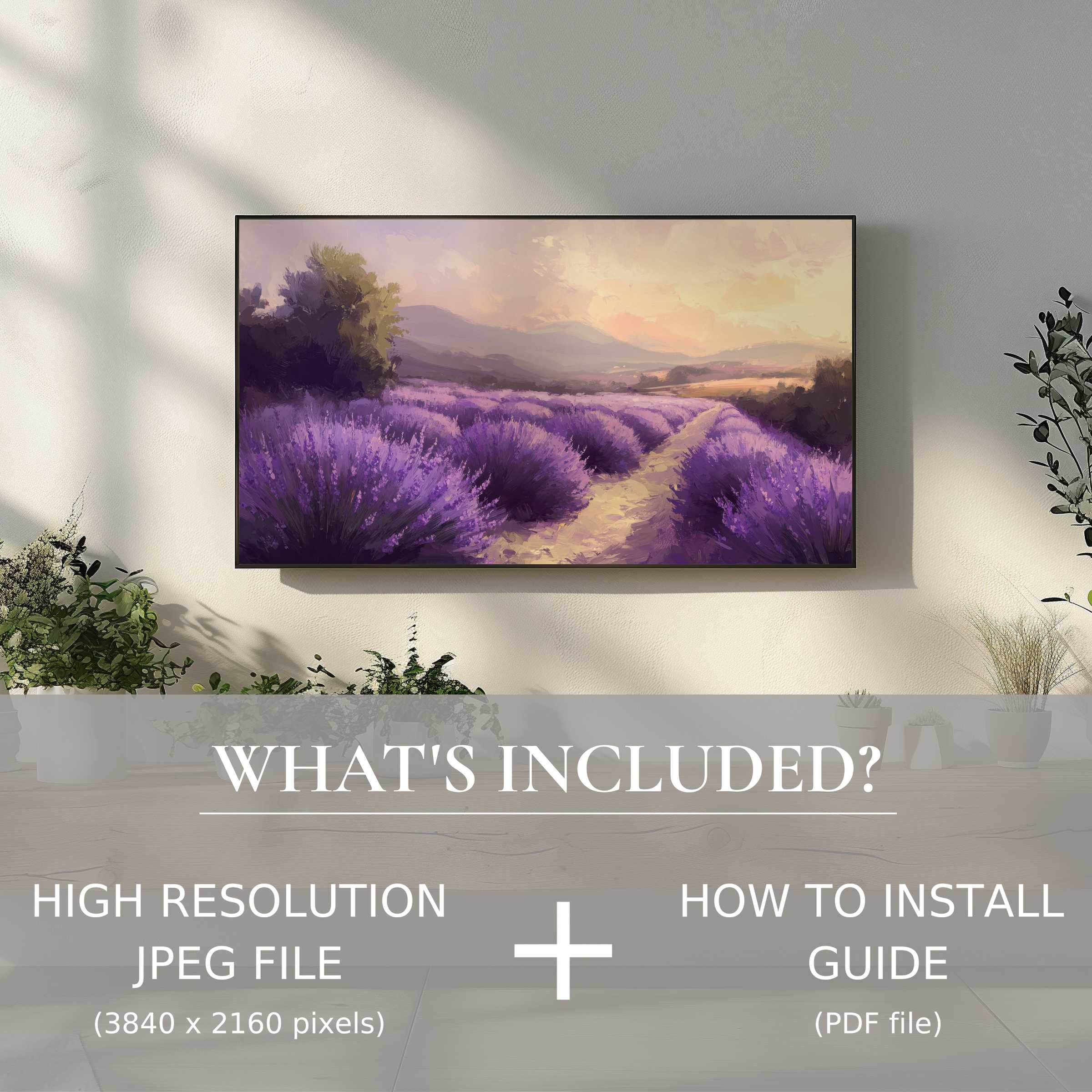 Elegant summer digital TV art download featuring a lavender field, easily enhancing any stylish living space