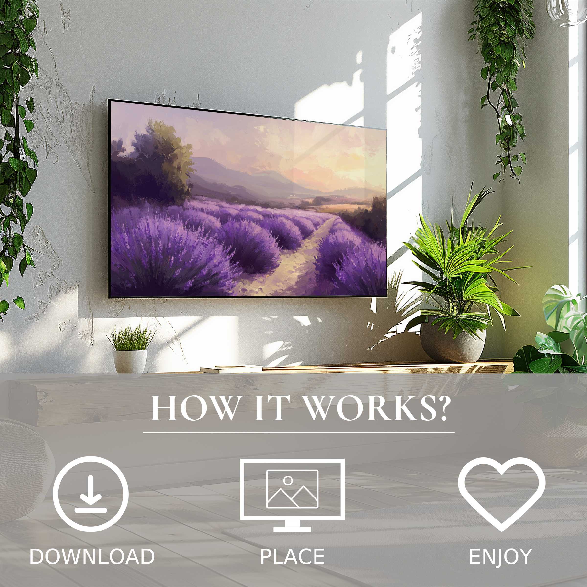 Summer art for Samsung TV shows soft sunset tones over purple lavender fields, easy digital download enriches modern decor