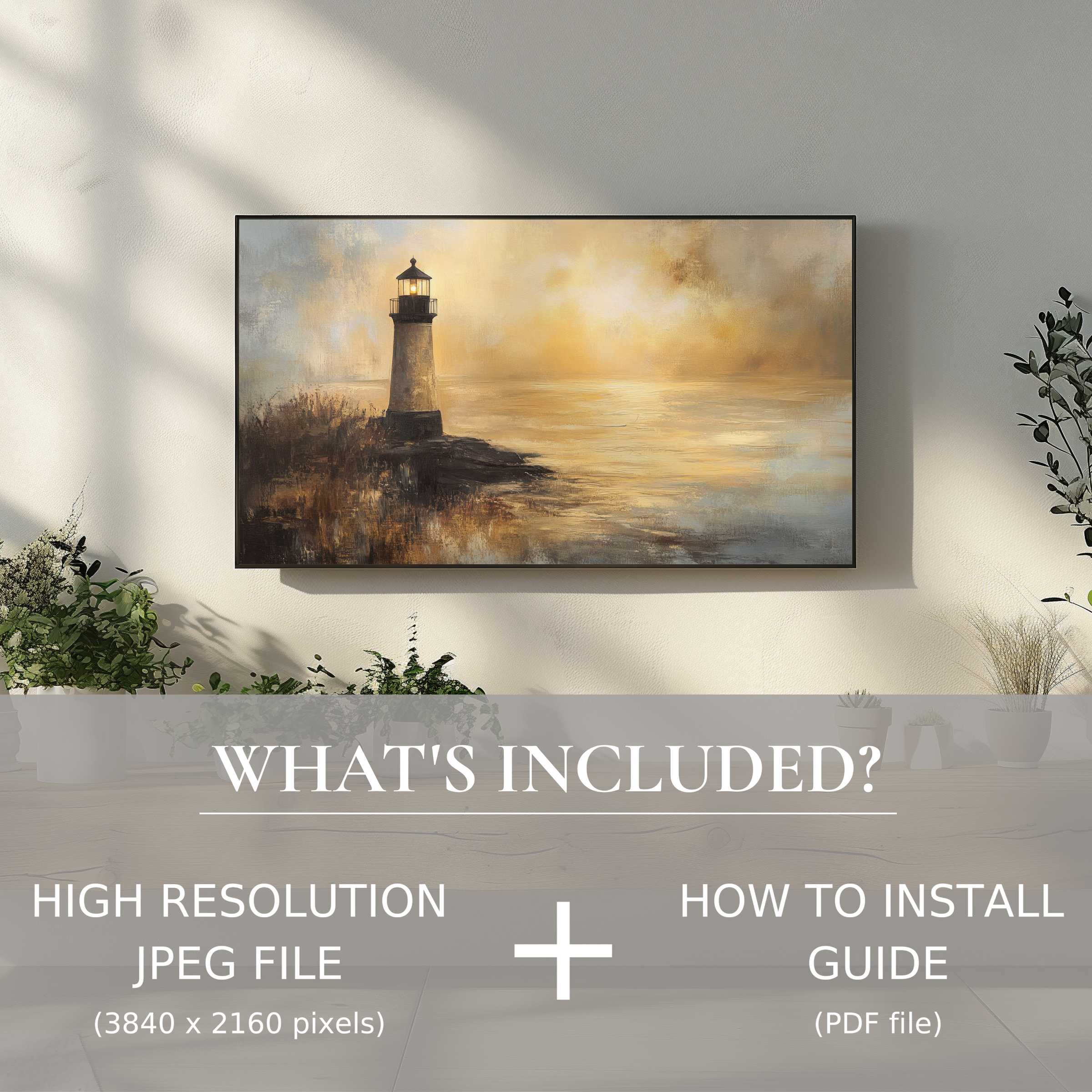 Elegant coastal digital TV art download with easy digital use enhances your stylish living space with warm lighthouse tones