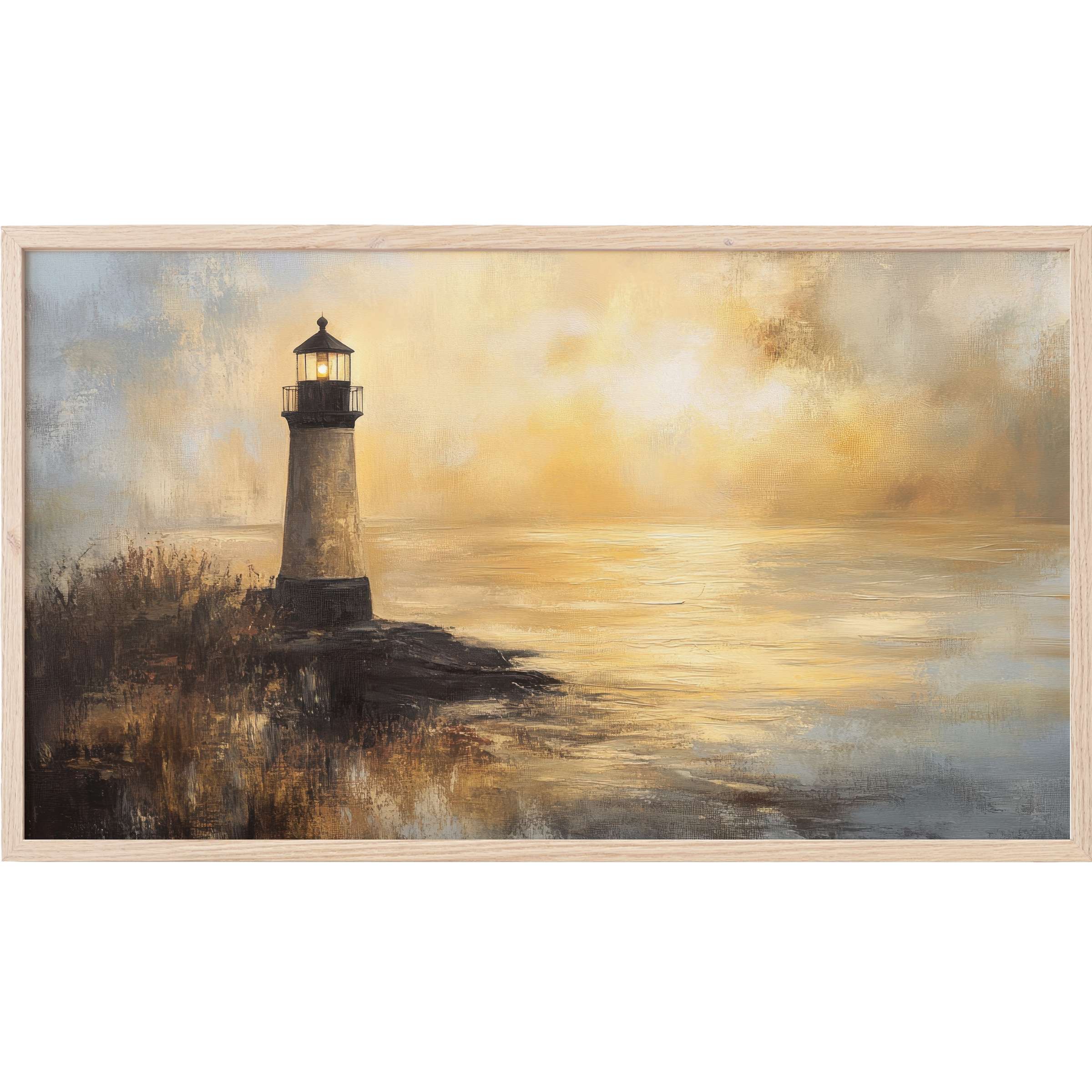 Coastal Frame TV Art with serene lighthouse scene in warm golds, soft blues, and textured brushstrokes for elegant coastal décor