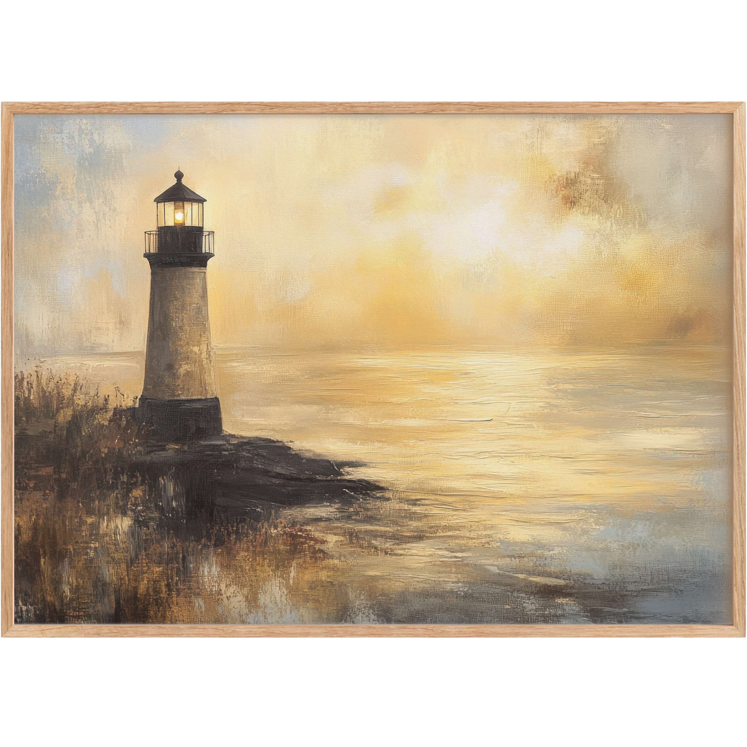 Coastal printable wall art featuring a glowing lighthouse bathed in warm golden hues, evoking serene, timeless coastal elegance