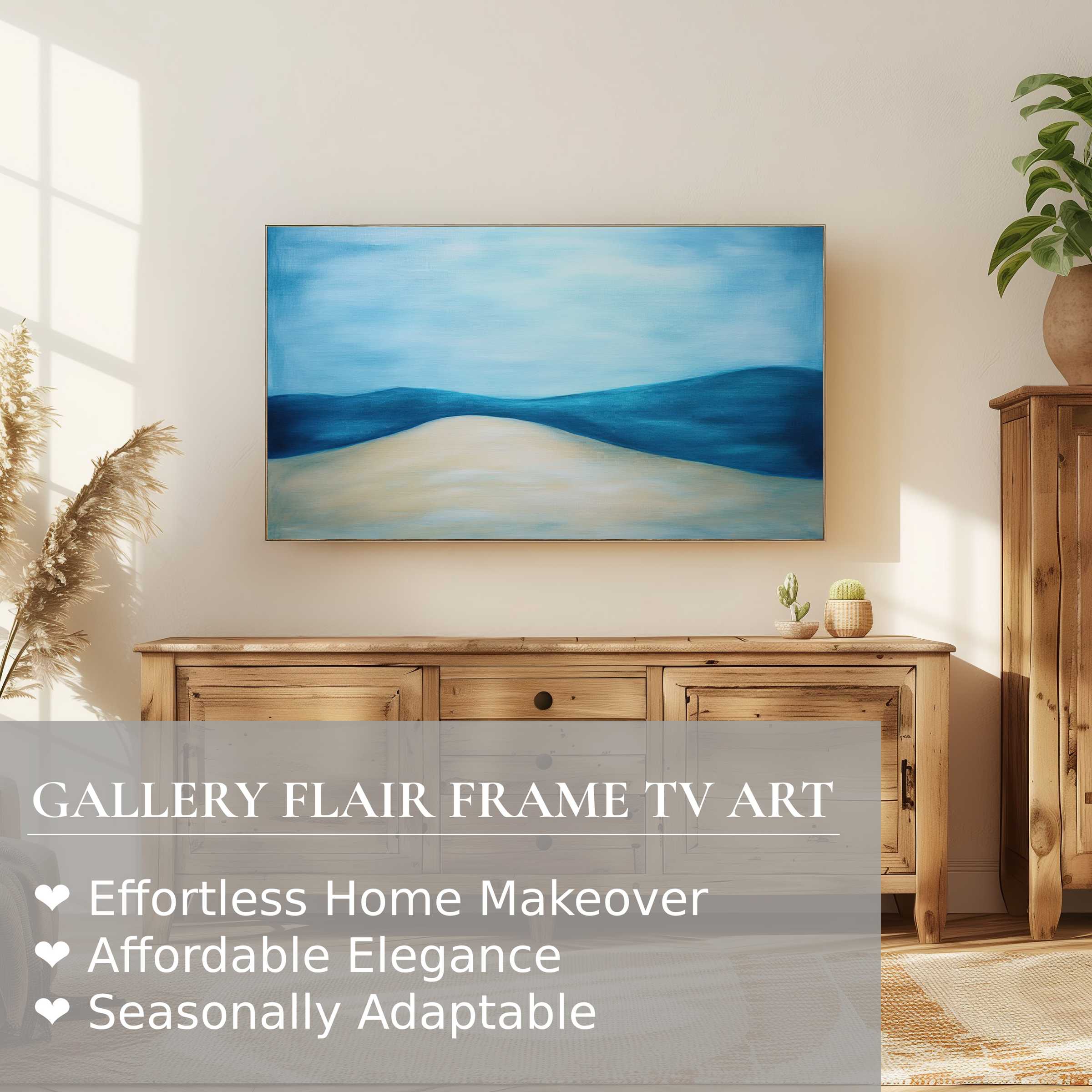 Samsung Frame TV displays minimalist digital artwork of serene blue hills in a light, elegant living space
