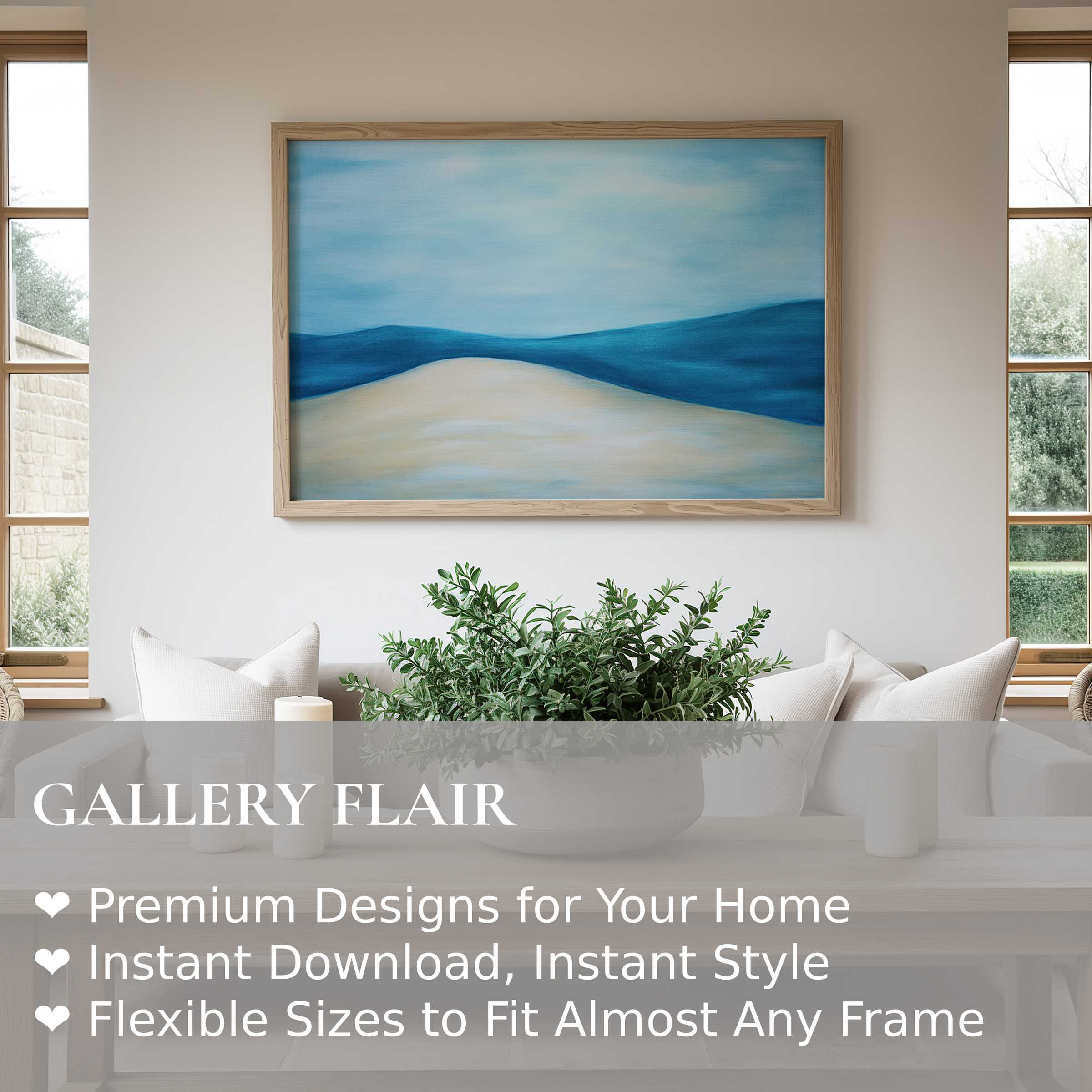 Minimalist wall art print with serene blue dunes, enhancing calming modern interiors with soft, radiant coastal-inspired elegance