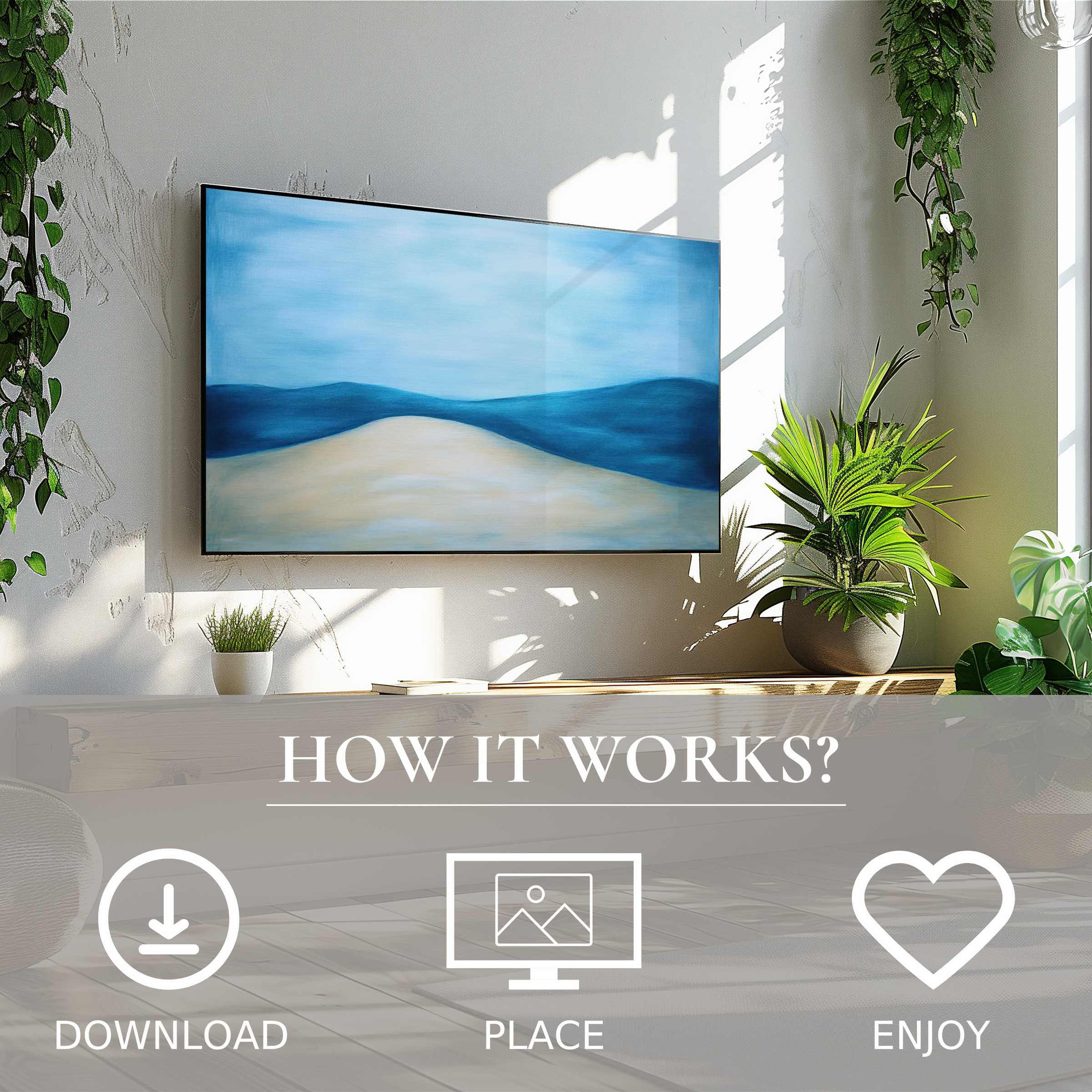 Minimalist art for Samsung TV: serene blue gradient waves, easy digital download, enhances modern living spaces effortlessly