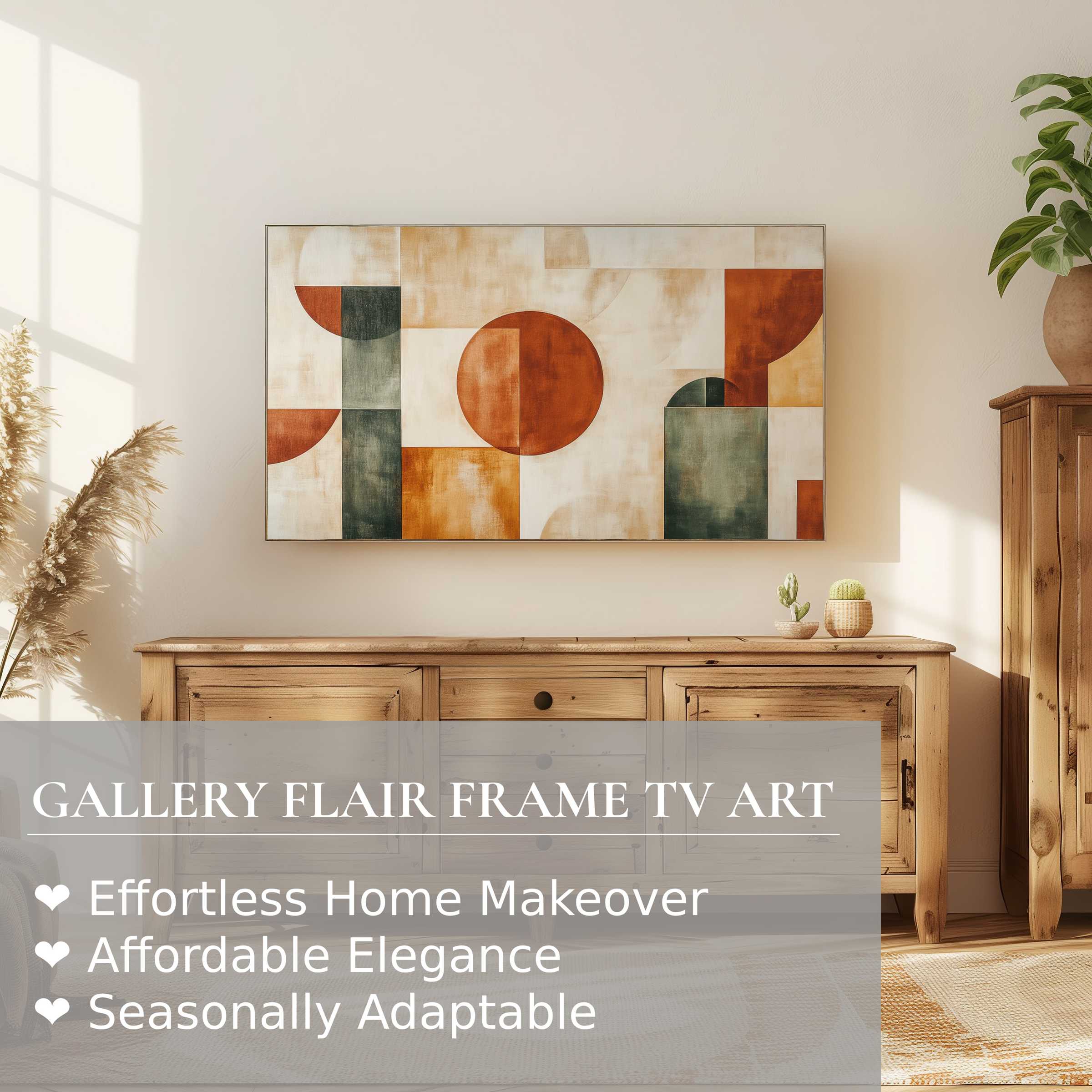 Samsung Frame TV displays warm-toned modern digital artwork in a serene, elegant living space with natural wood accents