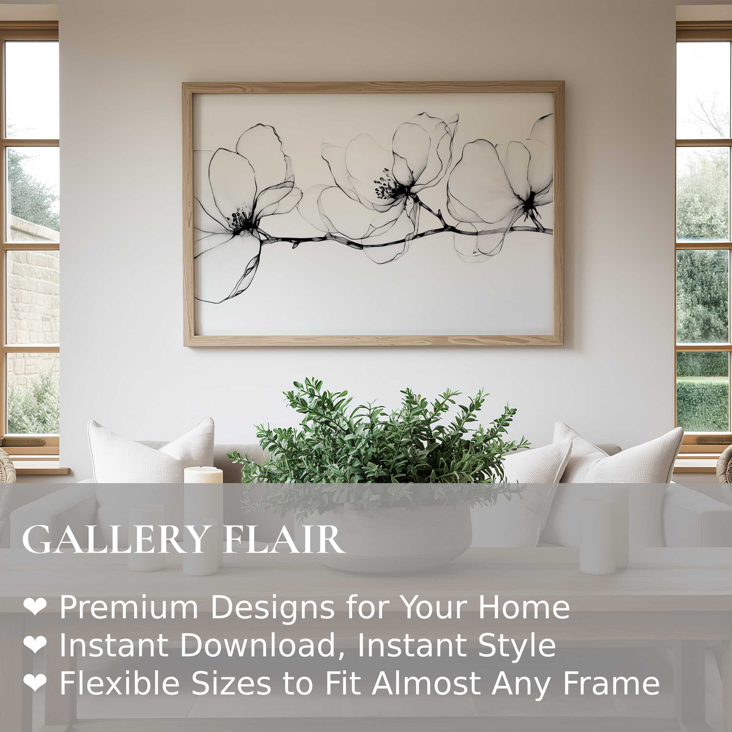 Delicate floral wall art print with ethereal black line blossoms enhances serene, modern minimalist interiors with refined botanical elegance