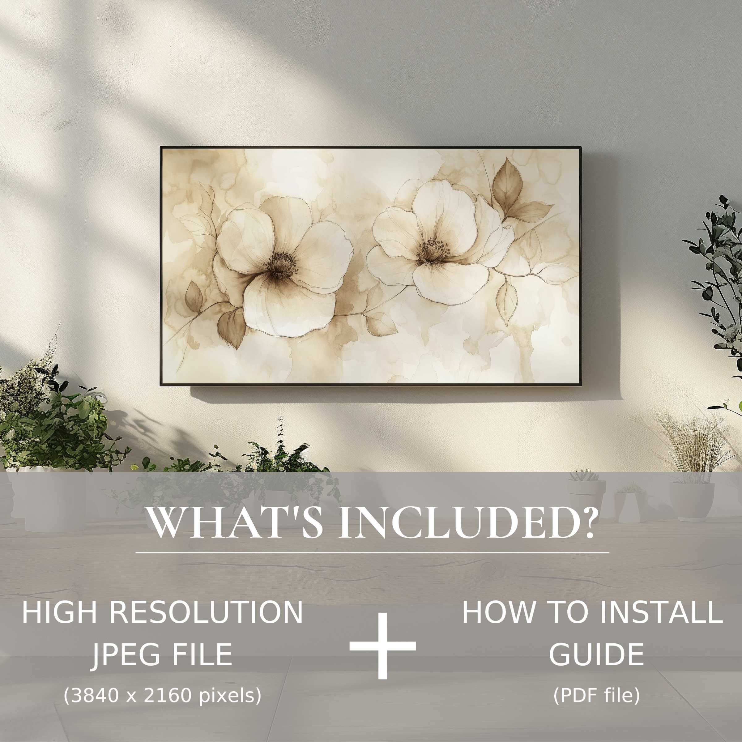 Elegant neutral digital TV art download with floral design enhances living spaces; easy digital use and install guide included