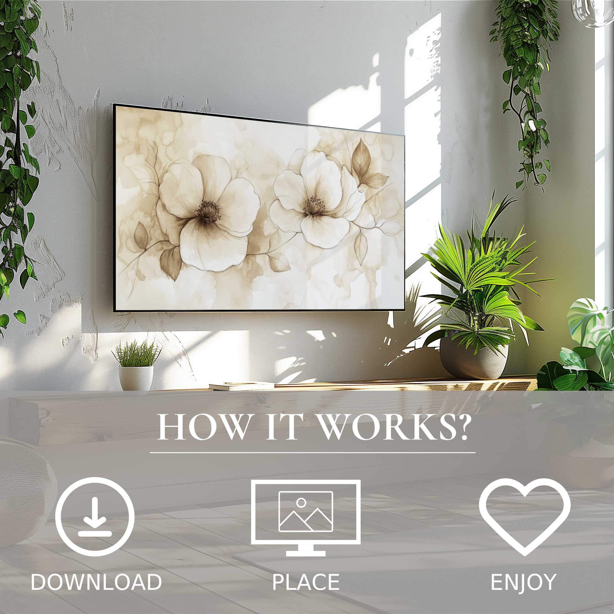 Neutral art for Samsung TV shows soft sepia floral motif, easy digital download, enhances modern living with simple elegance