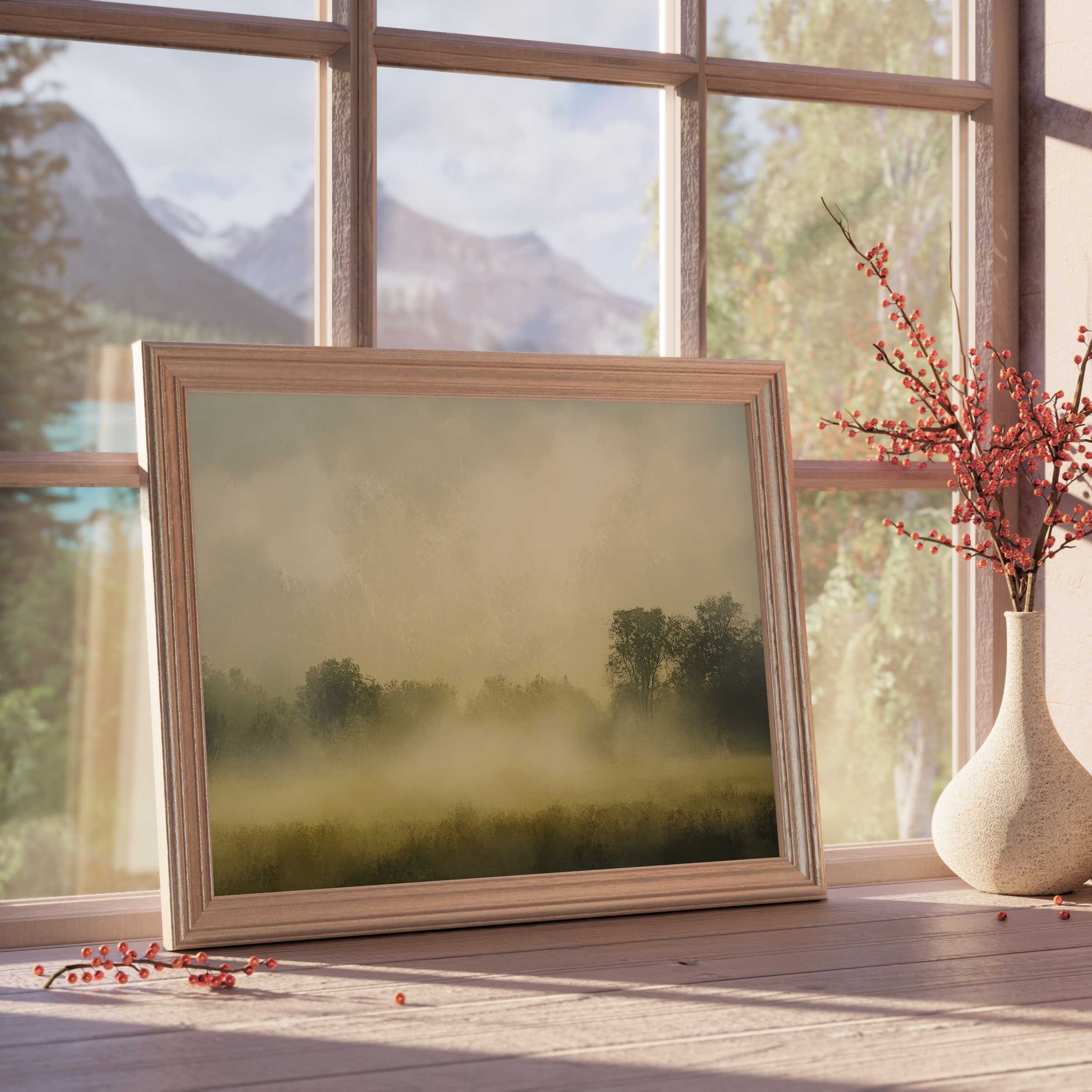 Farmhouse downloadable art capturing serene morning mist over lush fields, elevating tranquil, curated farmhouse interiors