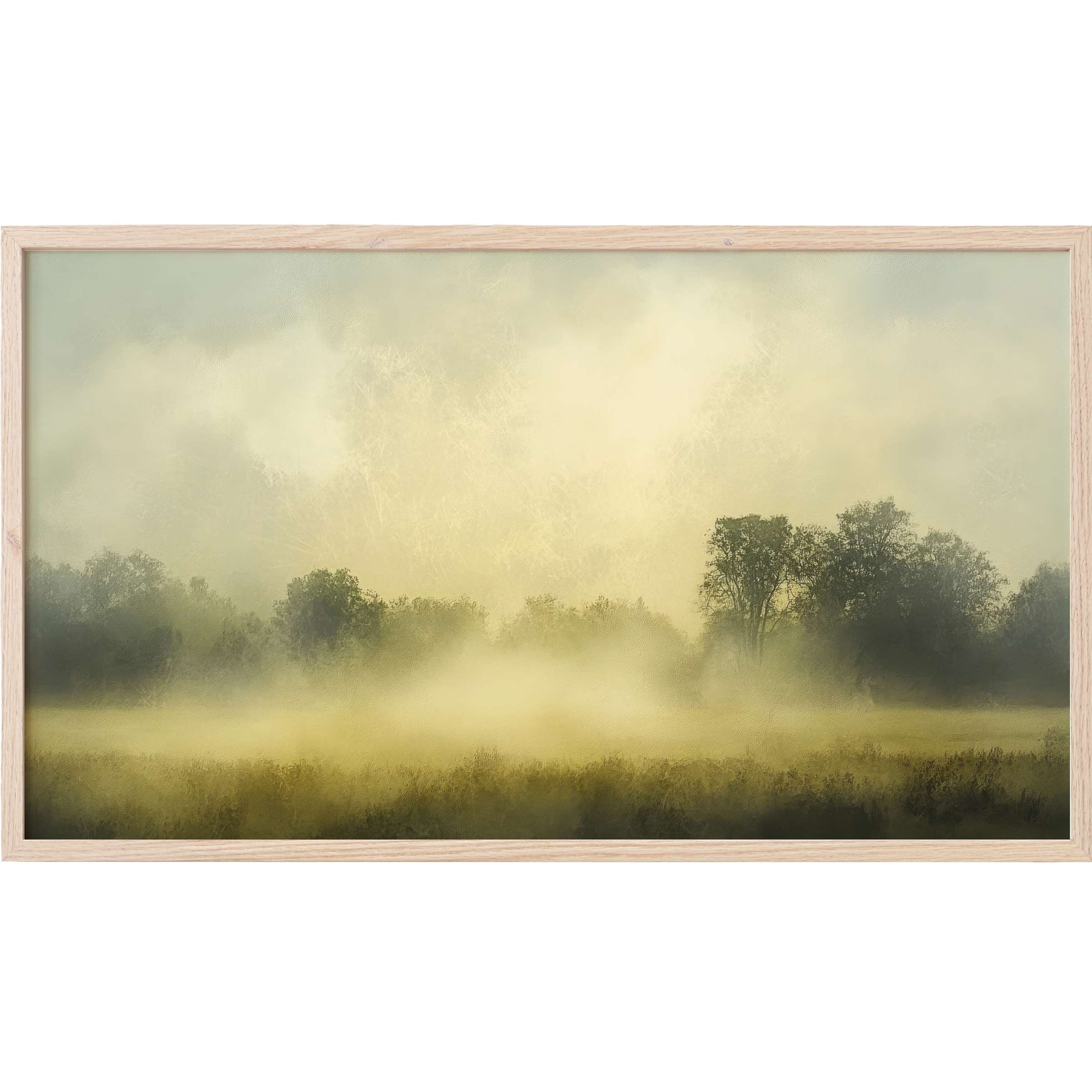 Misty landscape in muted greens and golds with soft textures, framed elegantly in light wood - Farmhouse Frame TV Art