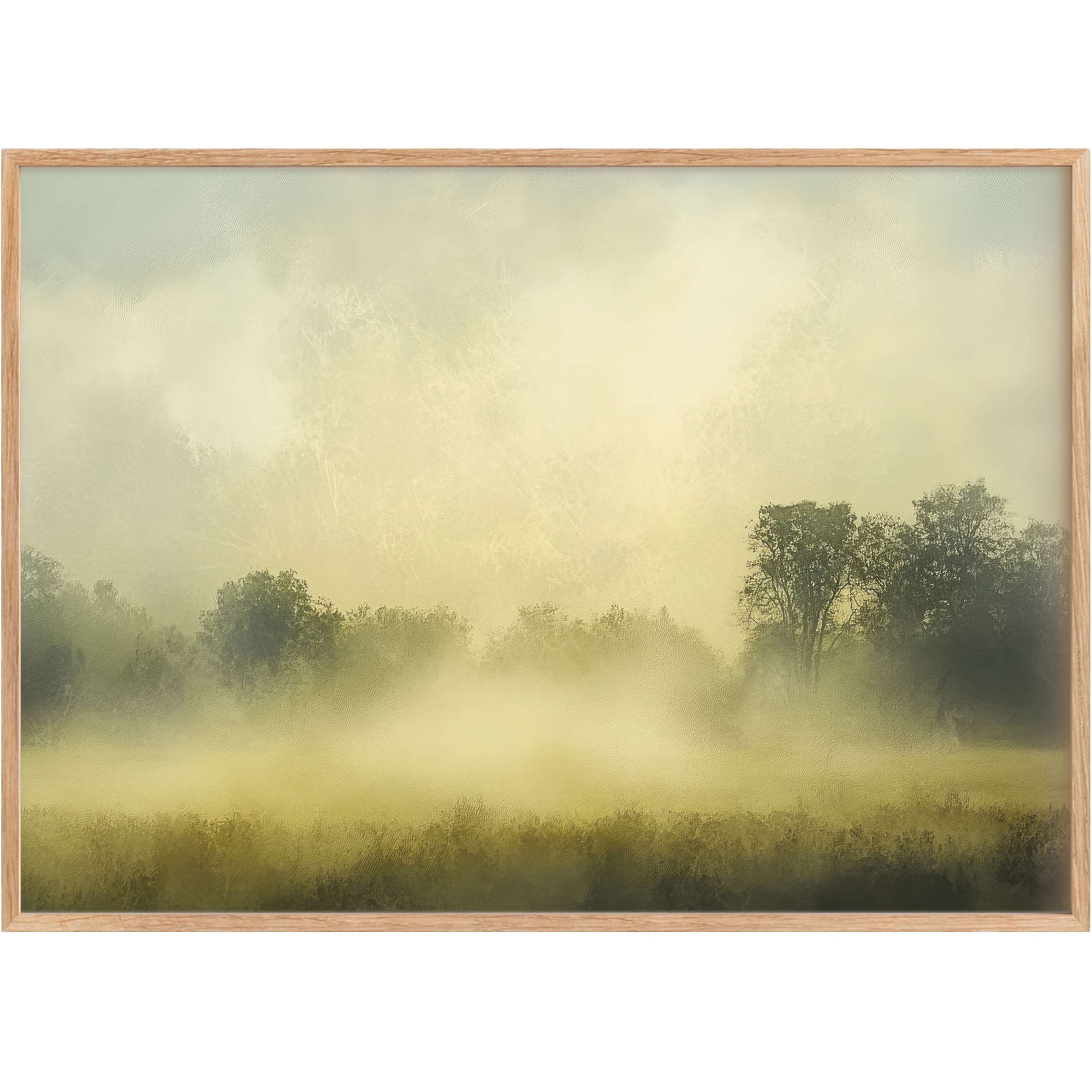 Ethereal farmhouse printable wall art radiates soft golden mist and muted greens, evoking serene, timeless tranquility