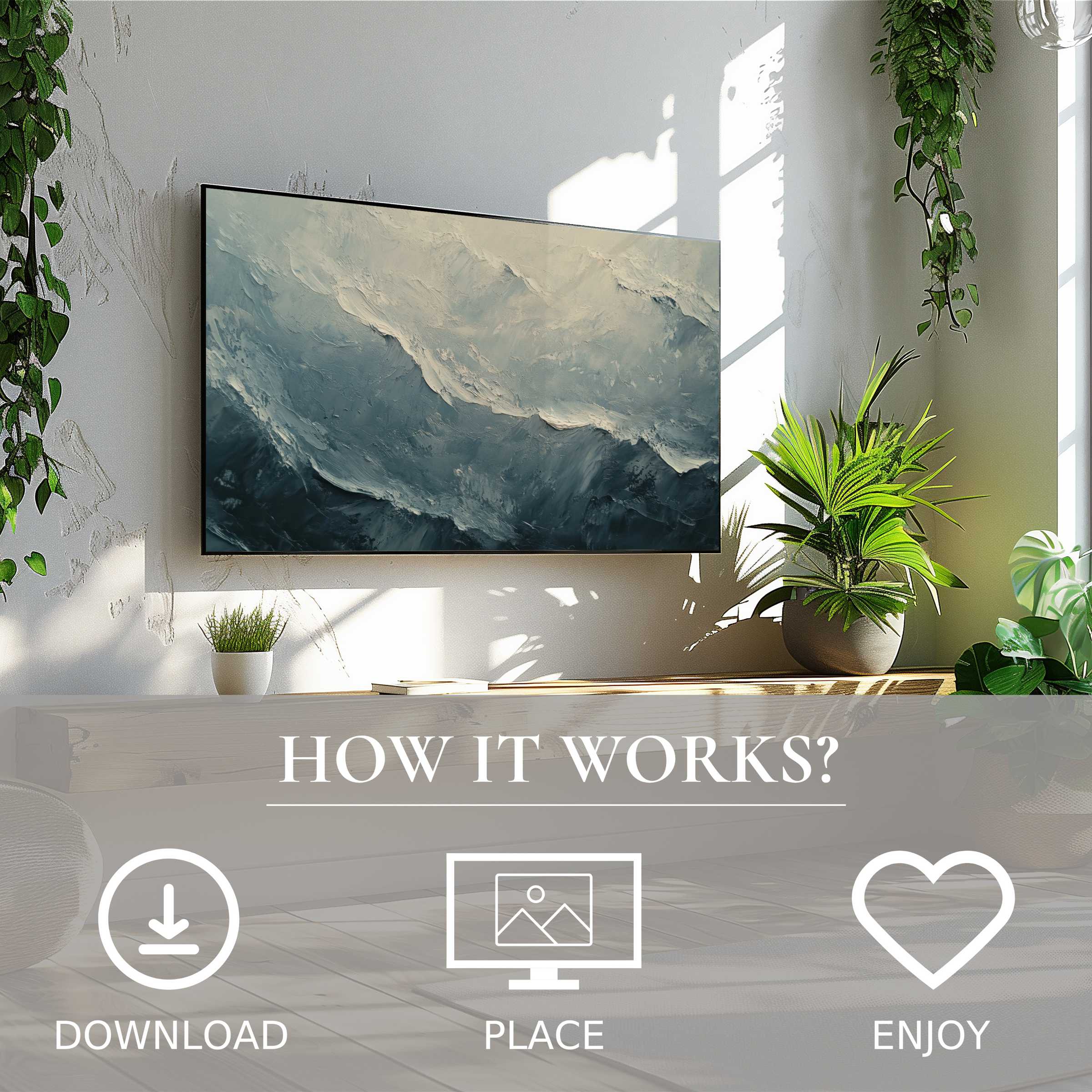Vintage art for Samsung TV shows soft ocean tones, easy digital download enriches modern living spaces with calm