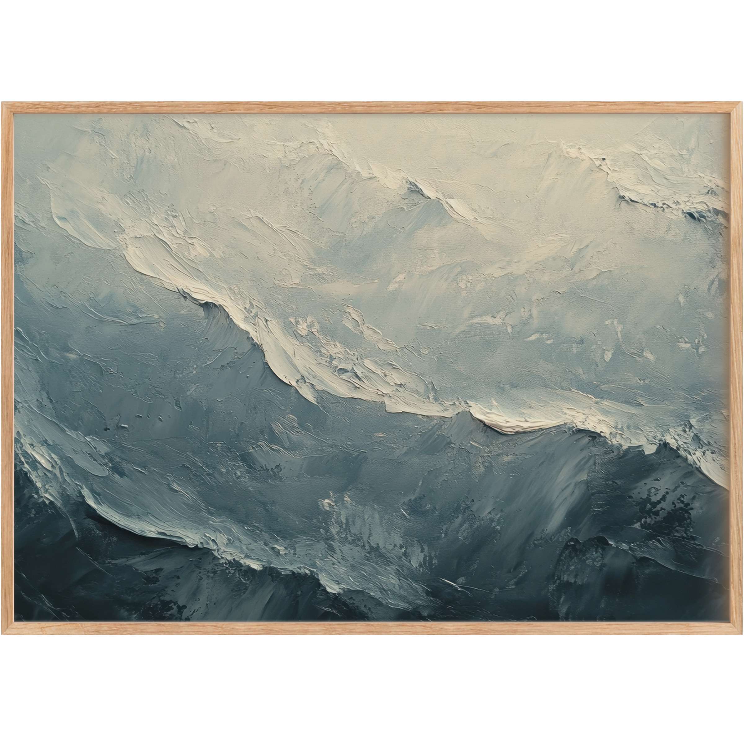 Vintage printable wall art featuring textured ocean waves in soothing shades of blue and cream, evoking a calming, timeless coastal ambiance