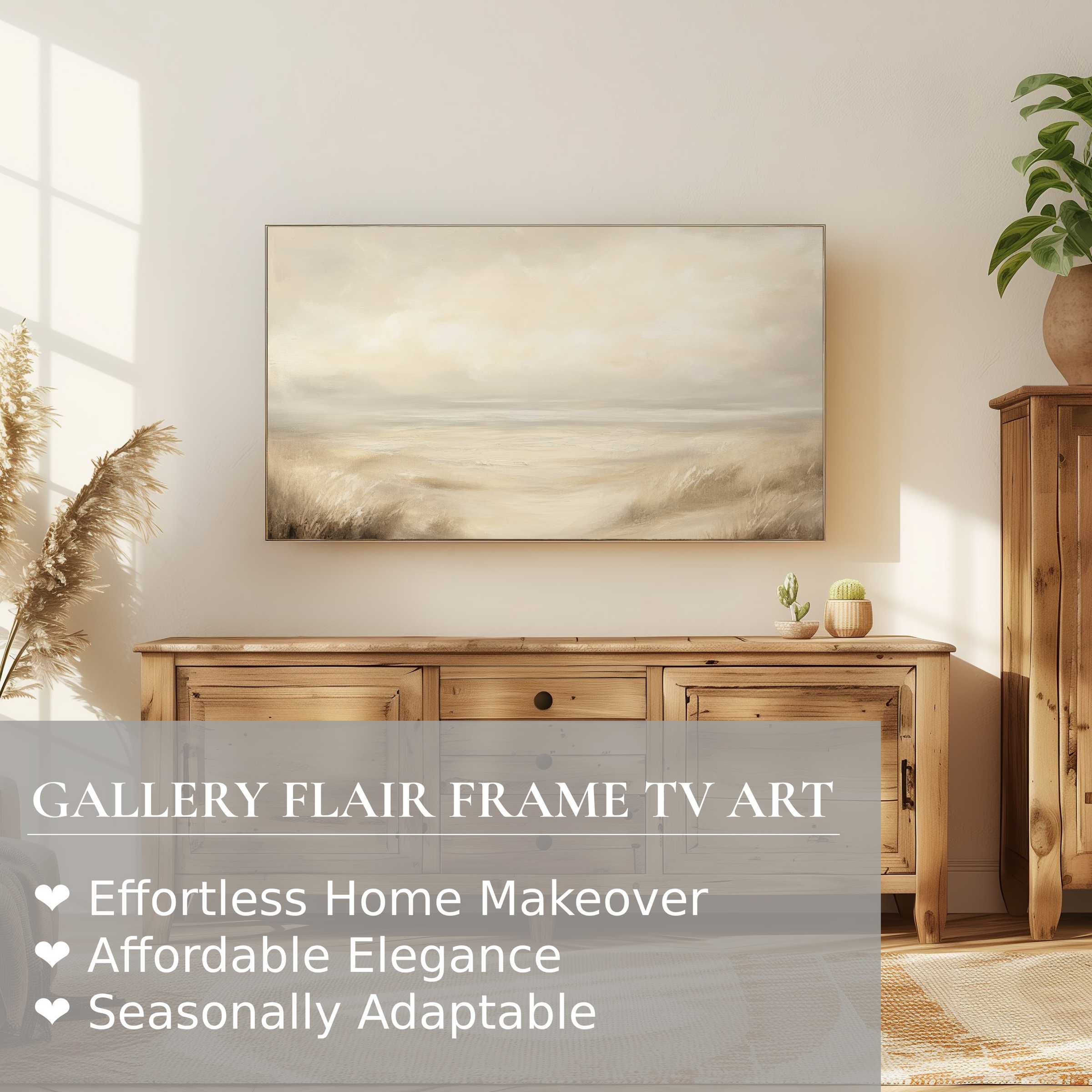 Samsung Frame TV displaying soft, muted landscape digital artwork in elegant, sunlit modern rustic setting