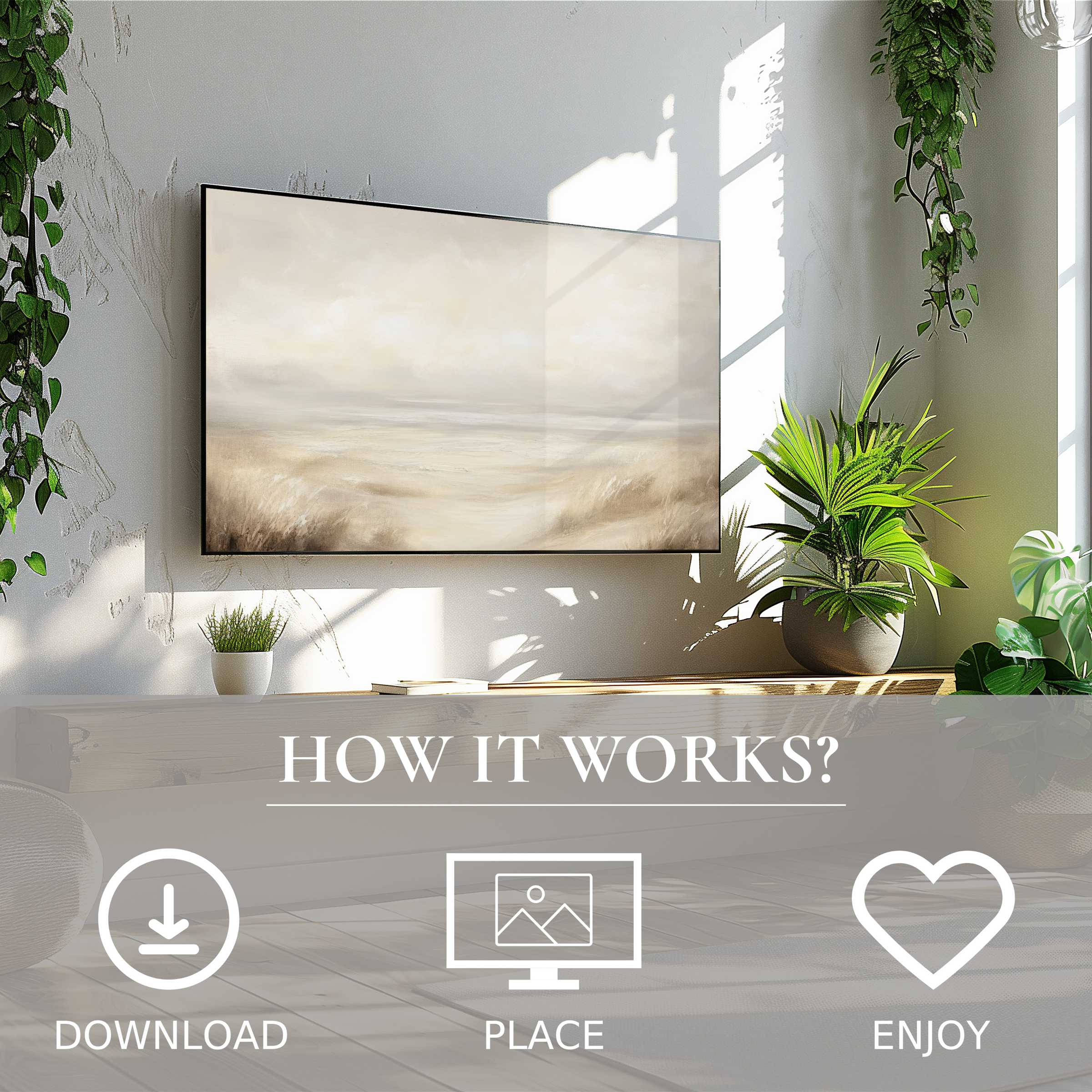Modern living room with landscape art for Samsung TV showing soft beige tones; easy digital download enriches your space