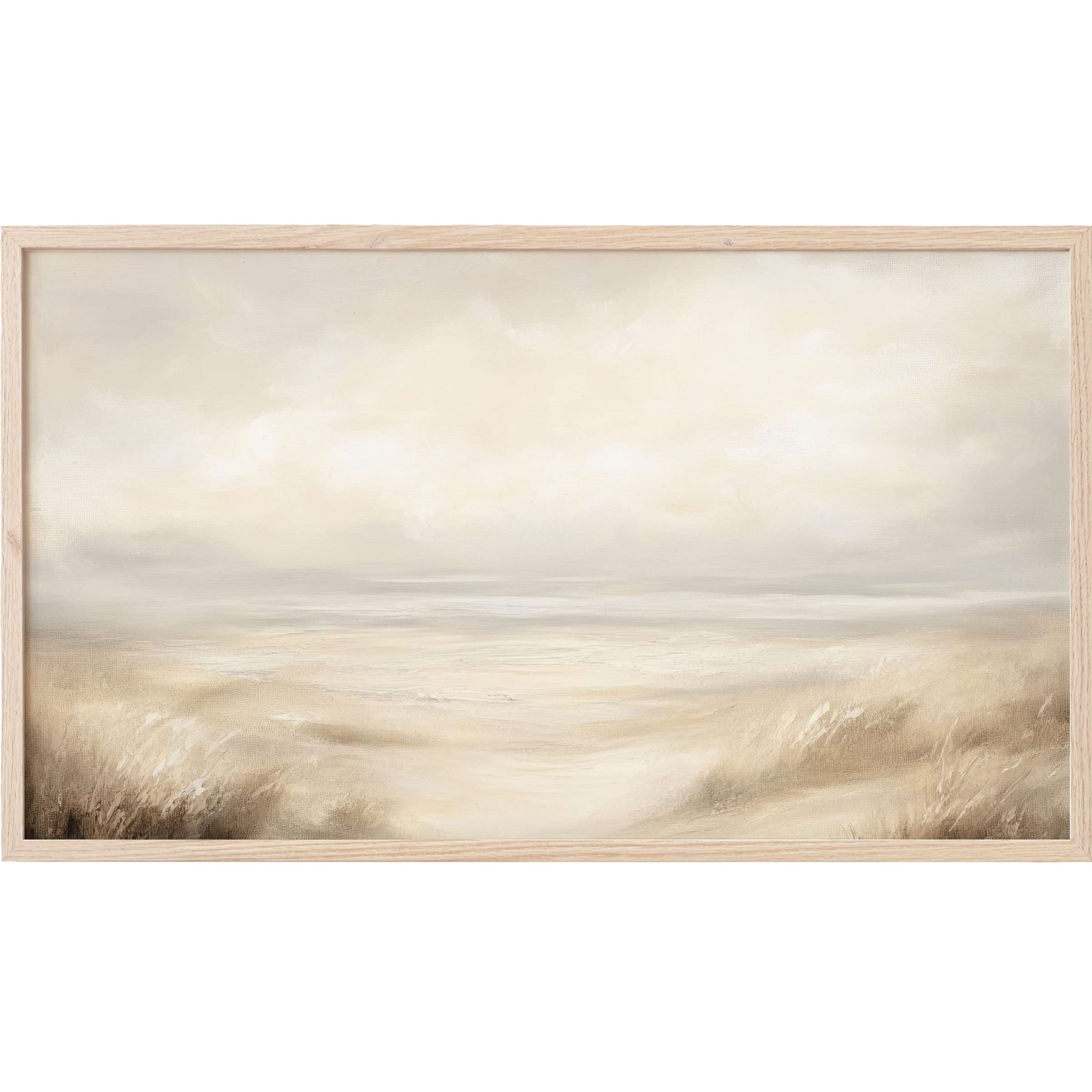 Serene coastal scene in soft beige and cream tones with a light wood frame, perfect landscape Frame TV Art