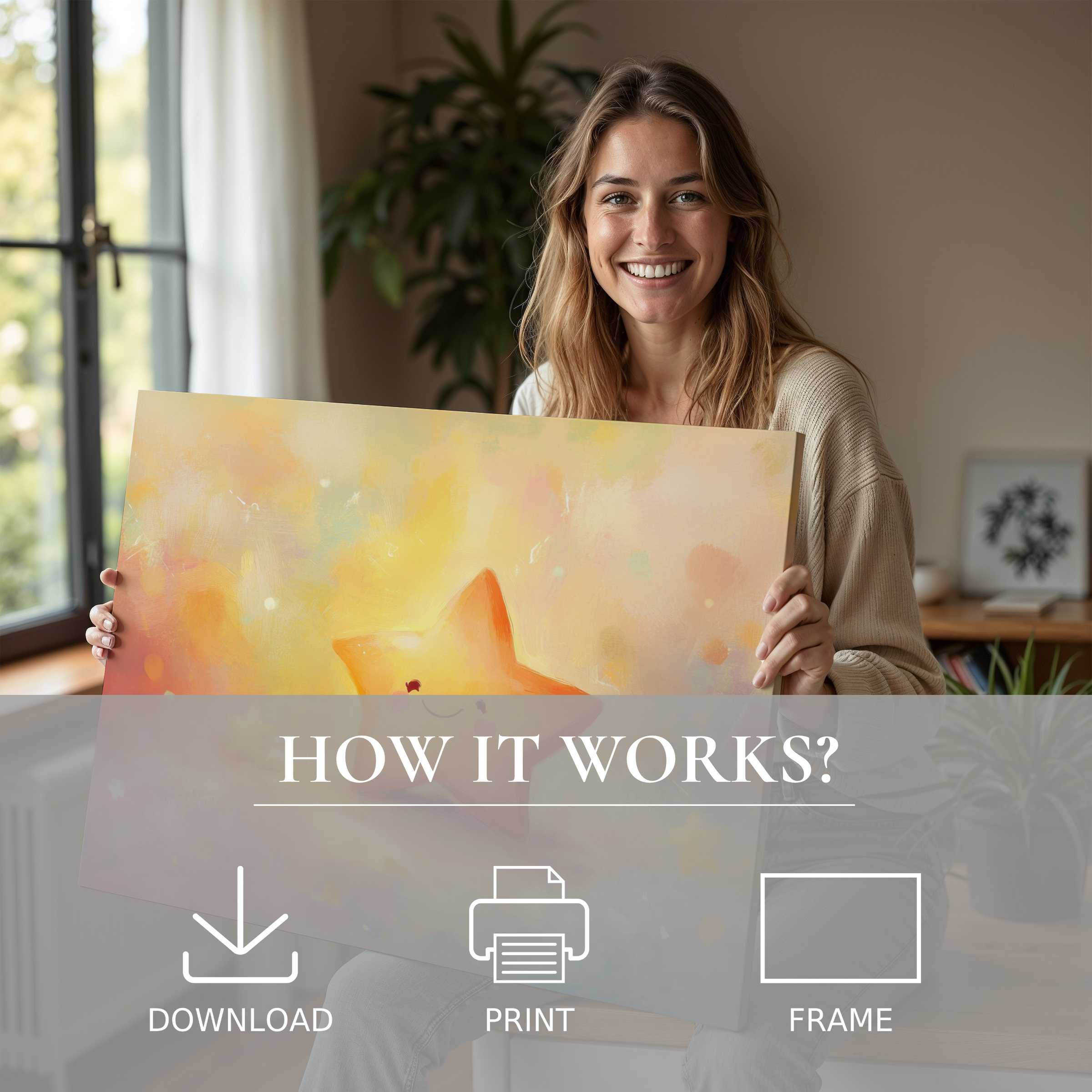 A joyful moment embraced in a sunlit modern home, showcasing nursery digital art print radiating warmth and effortless elegance