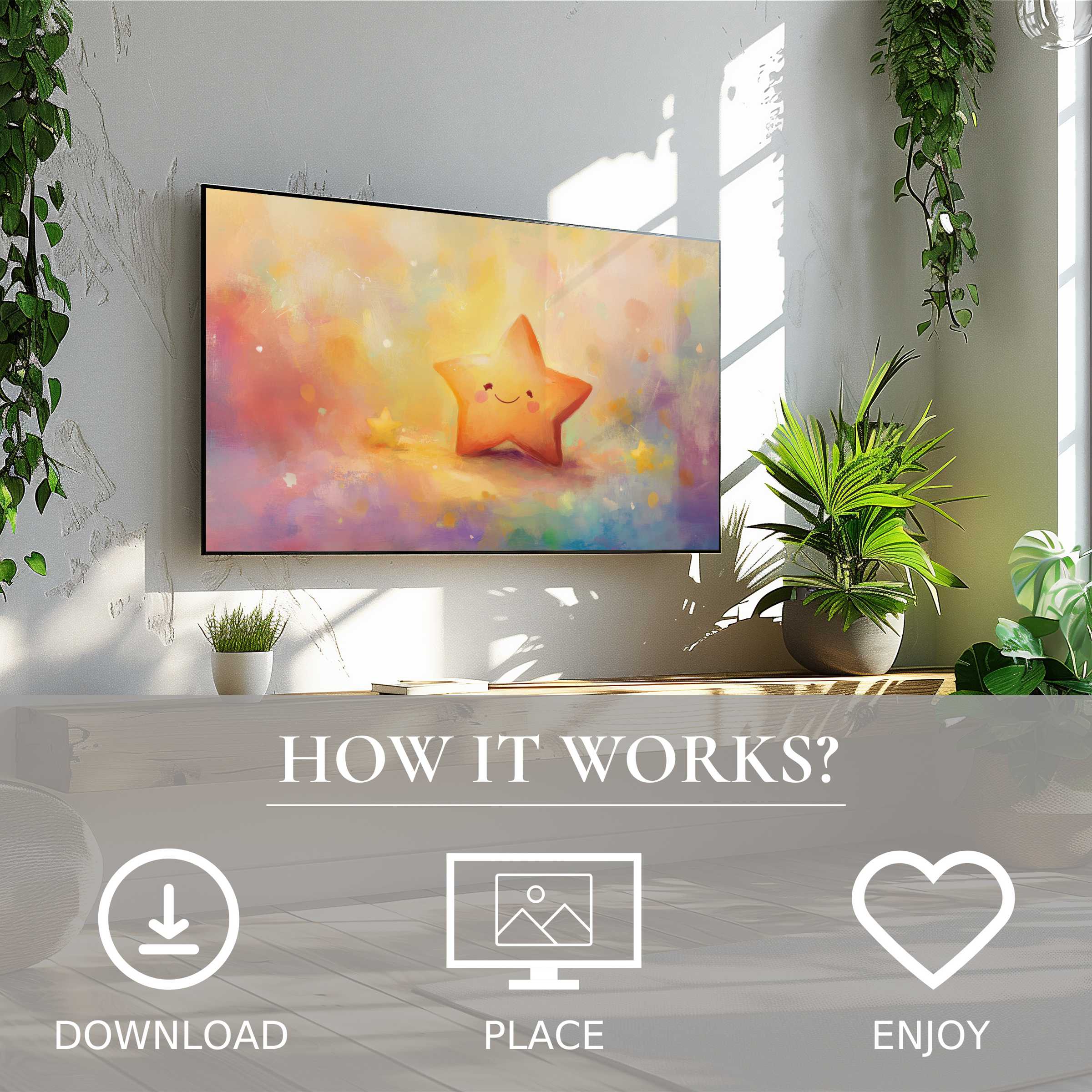 Nursery art for Samsung TV: cheerful star motif in soft sunset tones, easy digital download enriches modern nursery space
