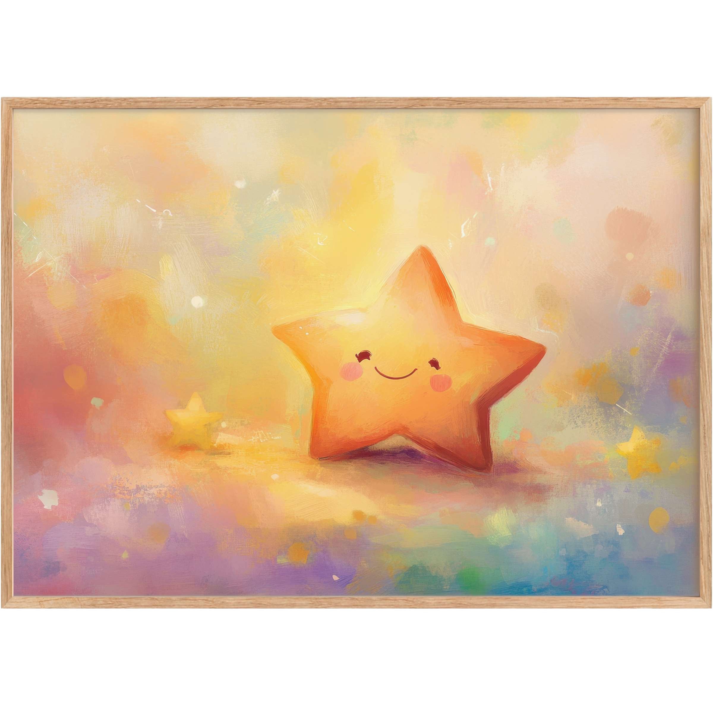 Bright and cheerful nursery printable wall art featuring a smiling star in warm amber, pastel pinks, and soft purples, evoking joy and serenity