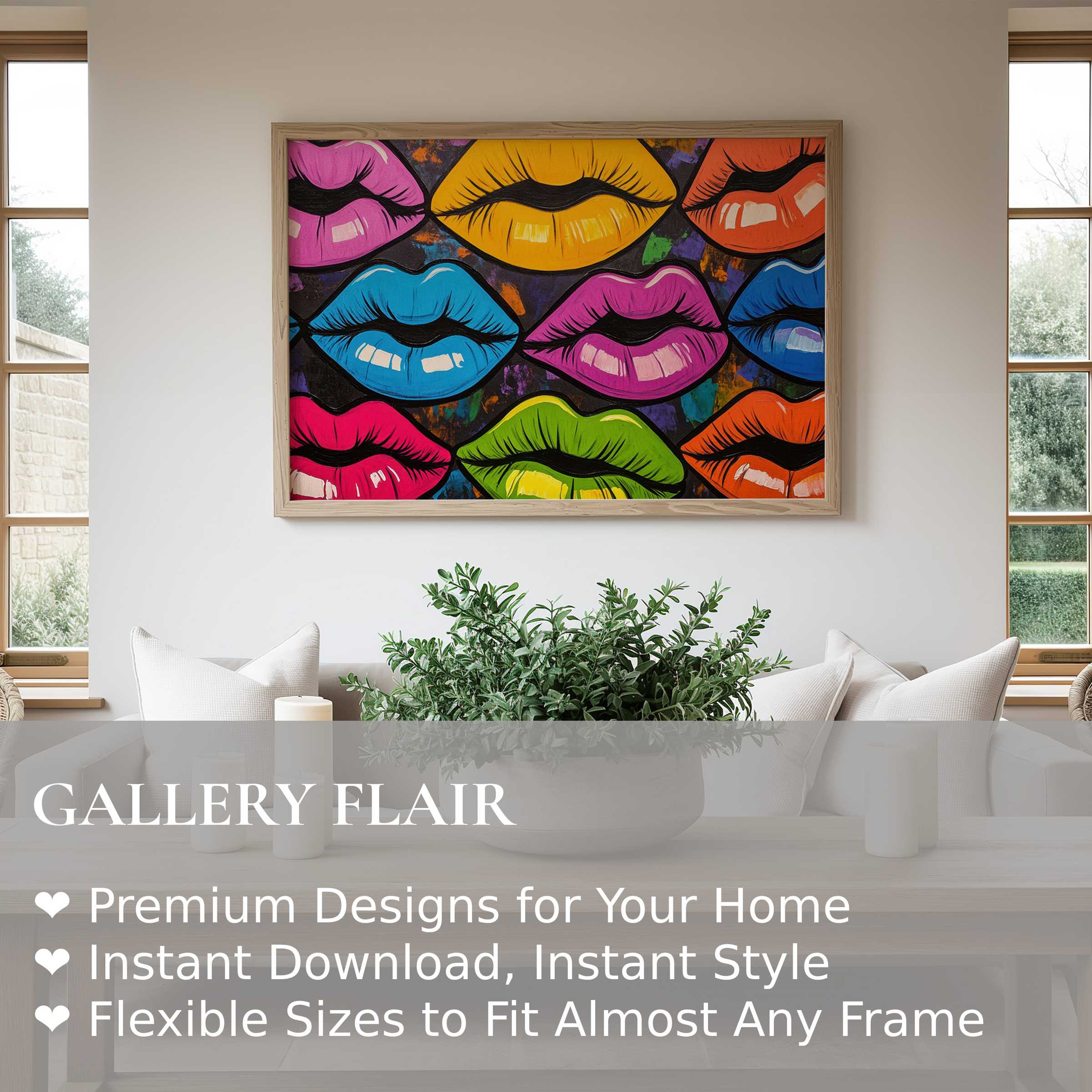 Vibrant pop art wall art print featuring bold, glossy colorful lips elevates minimalist modern interiors with electric energy and playful charm