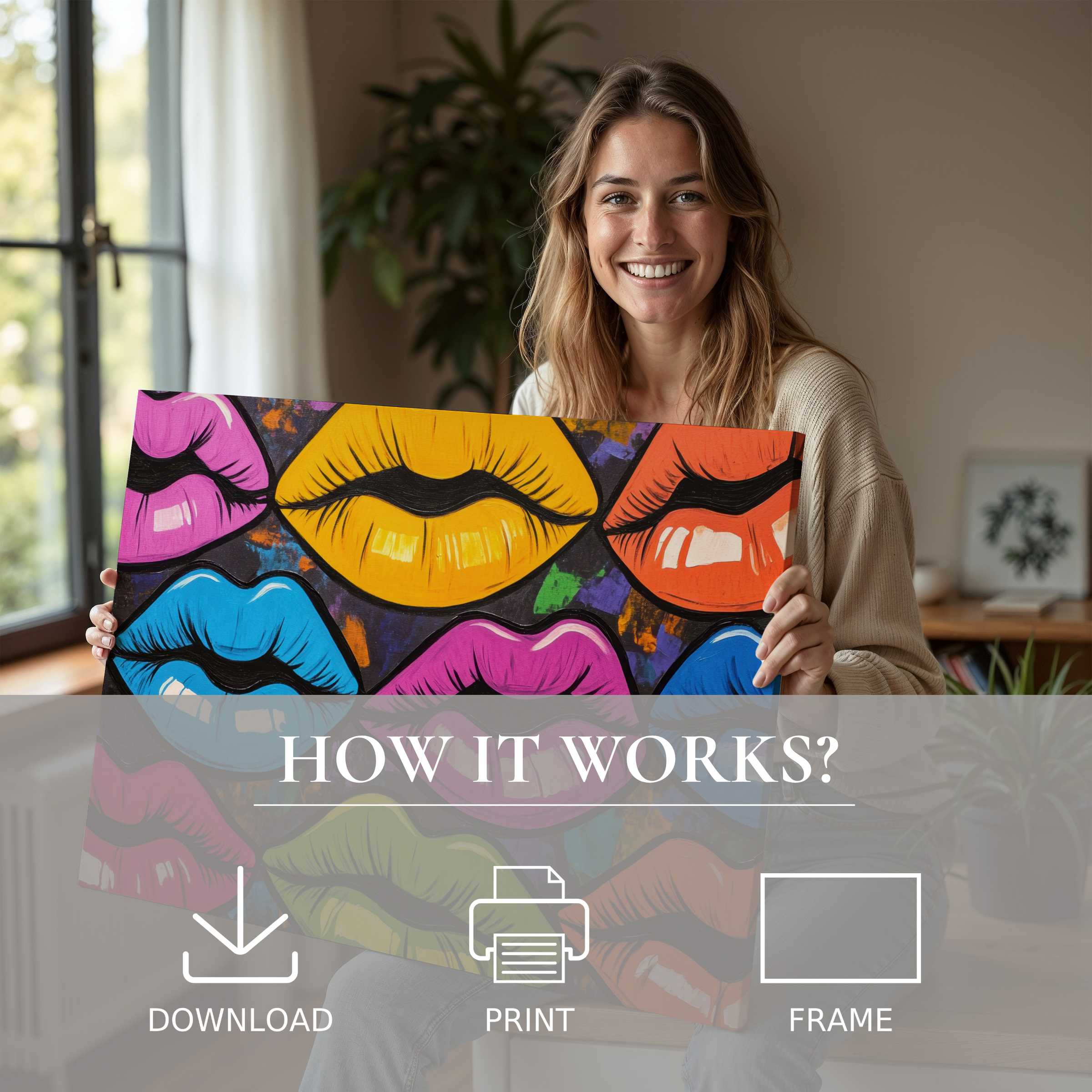 A radiant moment of connection and joy in a stylish home, showcasing vibrant pop art digital art print enriching modern living