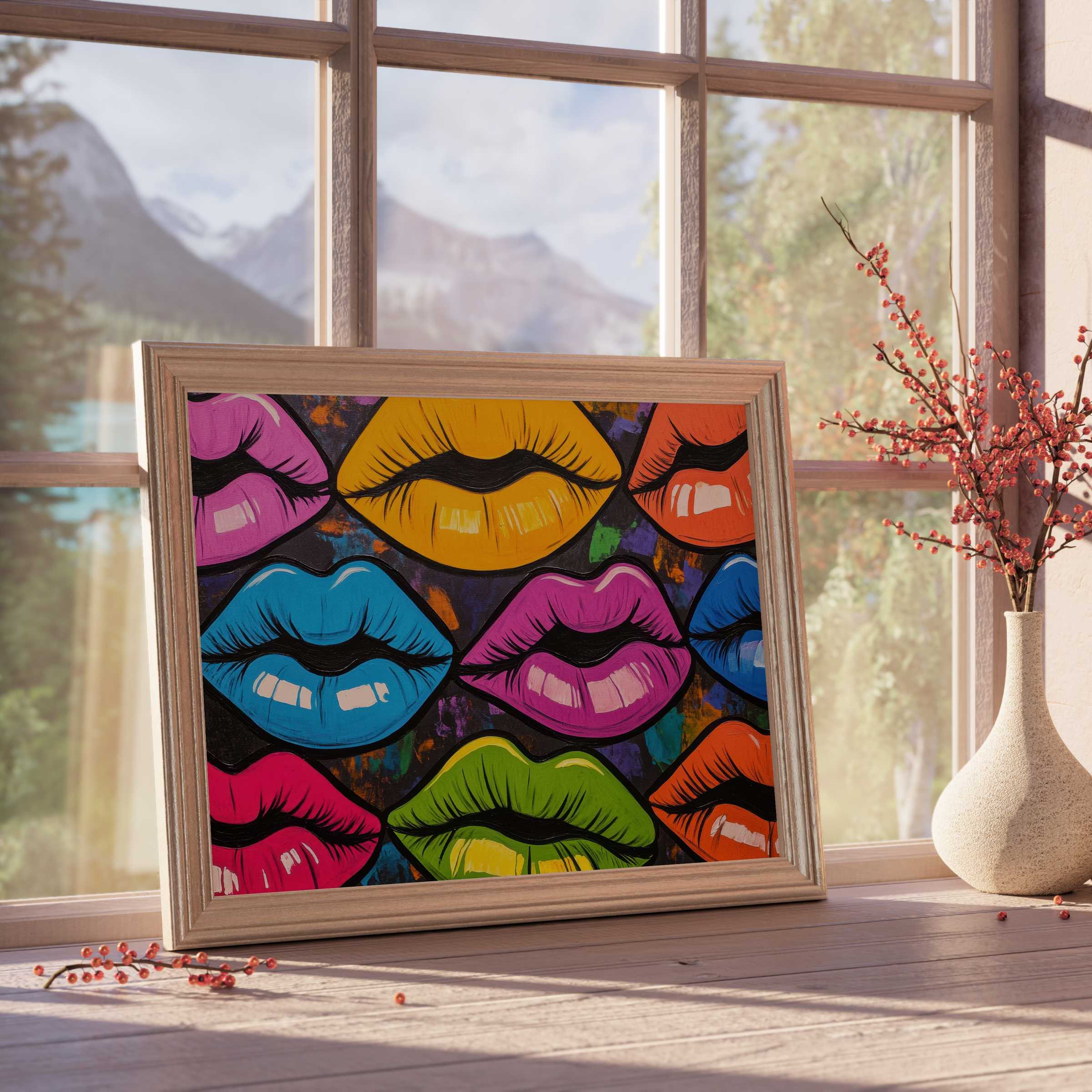 Vibrant pop art downloadable art with colorful lips, enhancing curated interiors with bold, playful energy and modern charm