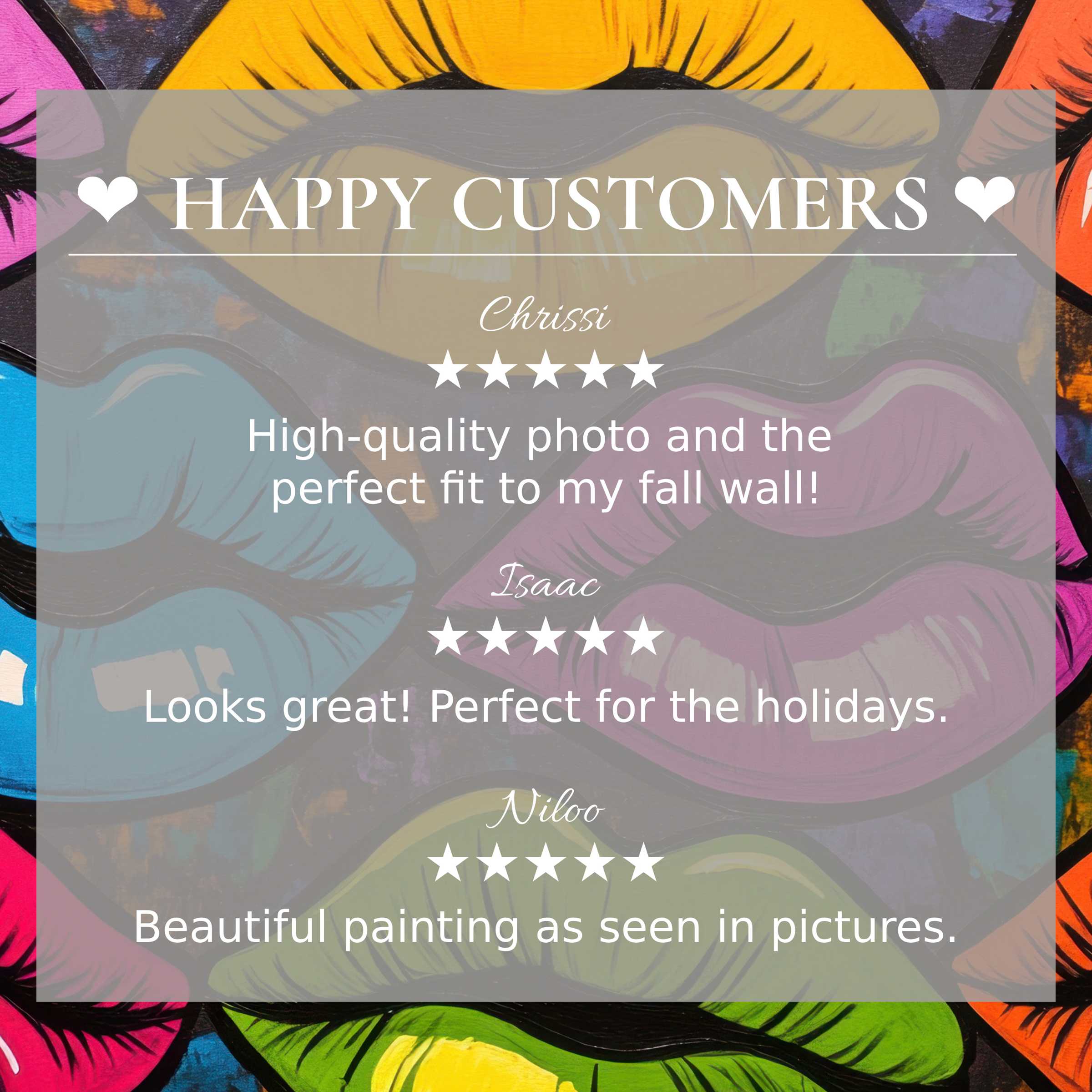 Pop art for Frame TV with vibrant lips on abstract sunset background, showcasing happy customer reviews and elegant style