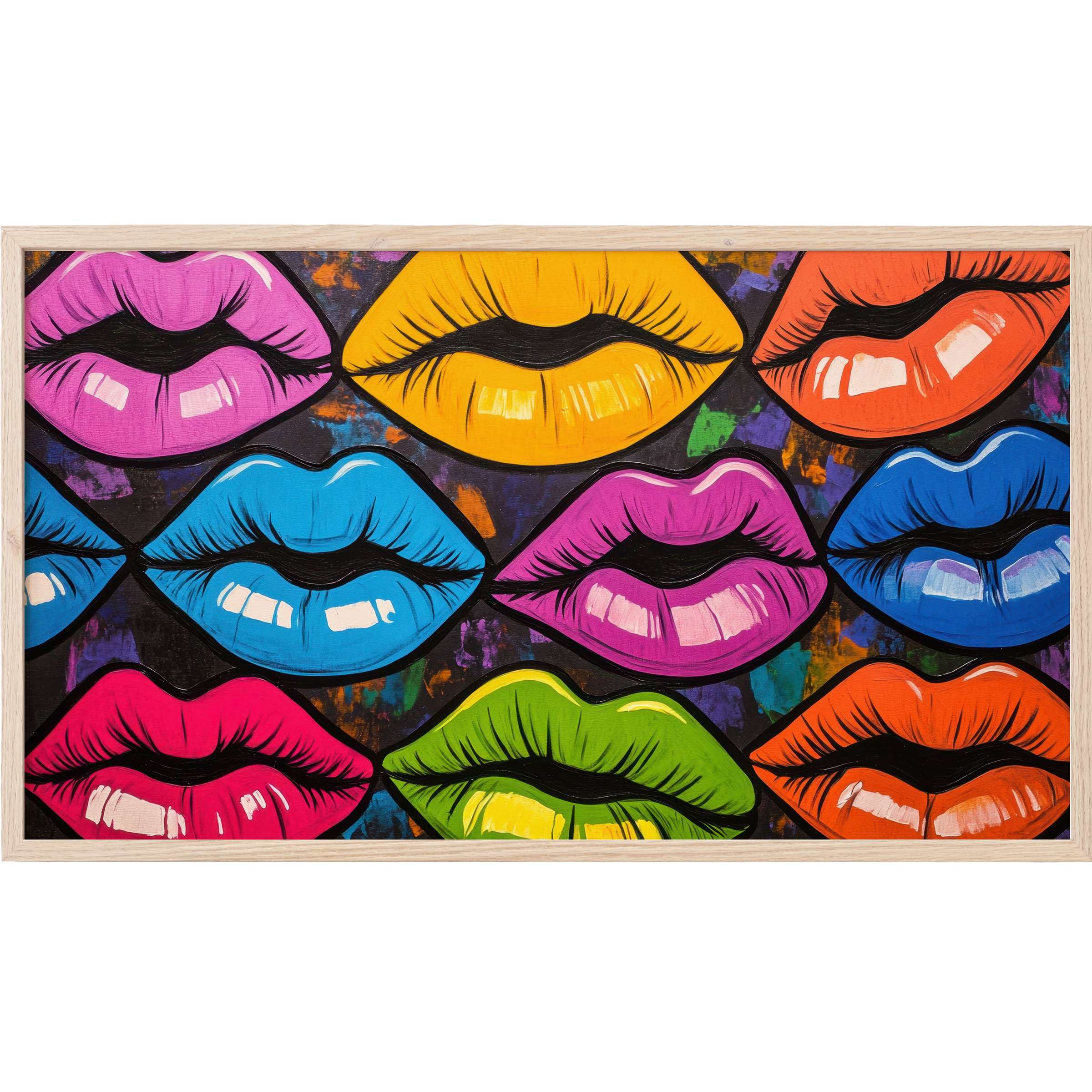 Vibrant lips in pink, blue, yellow, green, and orange evoke bold energy in this pop art Frame TV Art