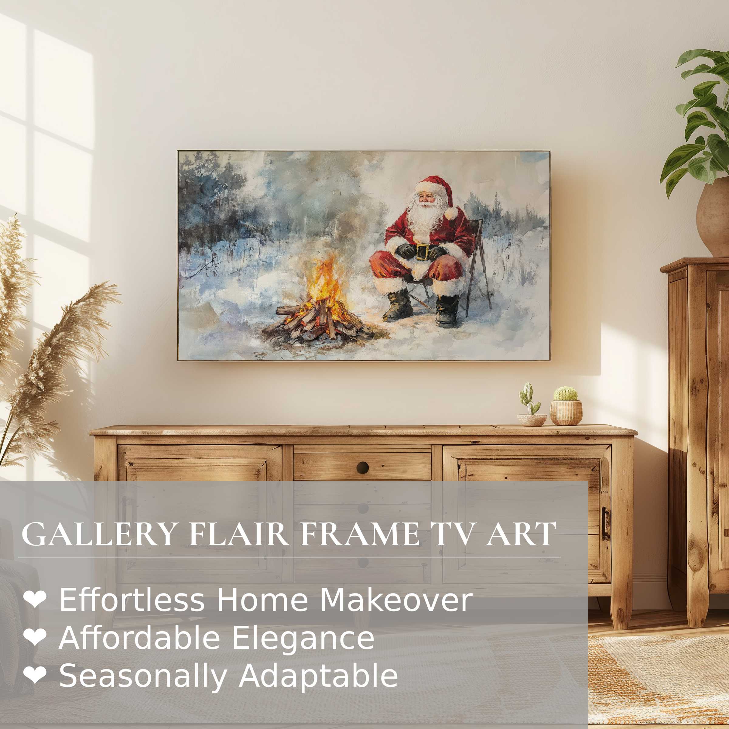 Samsung Frame TV displaying a refined christmas digital artwork of Santa by a fire in a cozy, modern living room