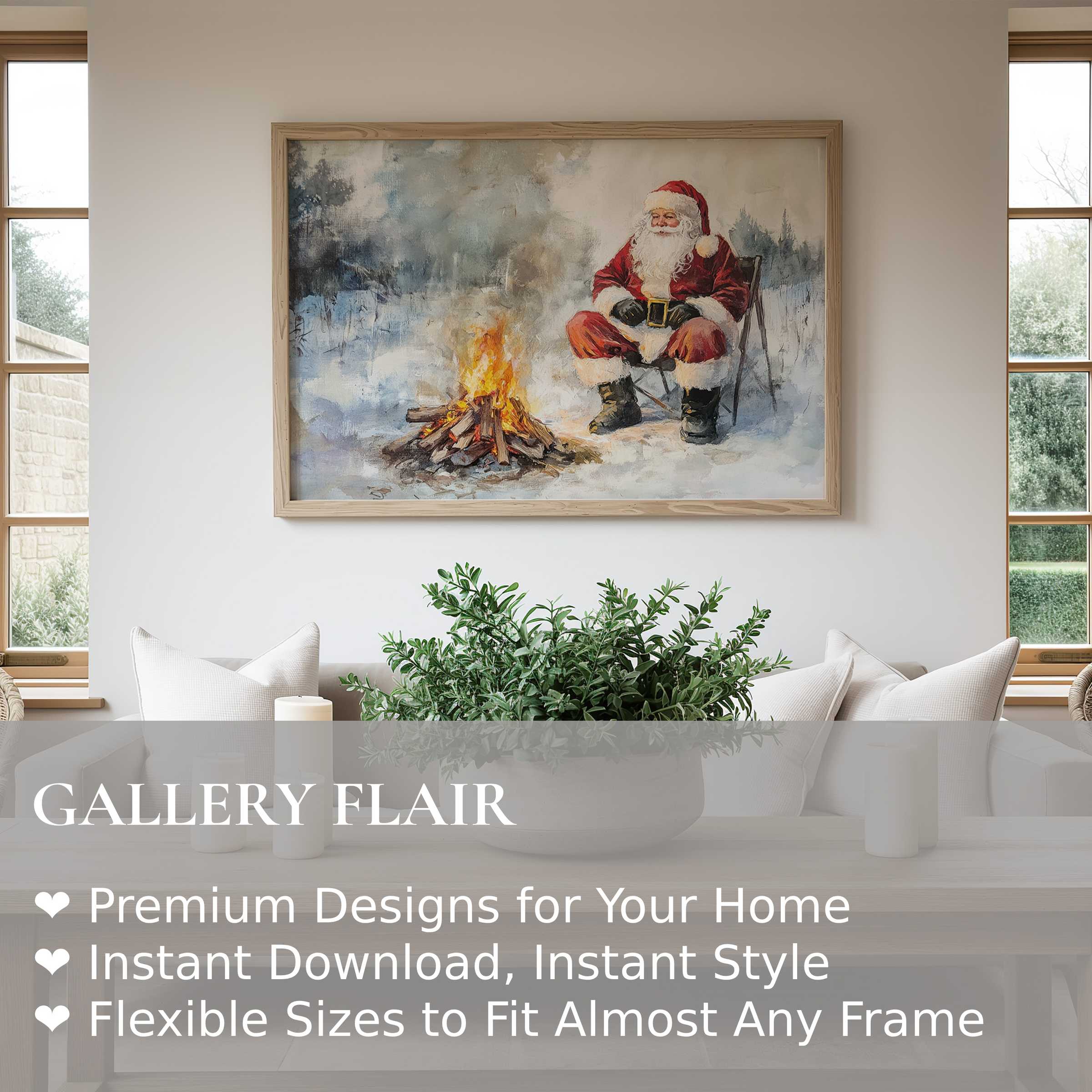 Christmas wall art print featuring a radiant Santa warming by a fire, enhancing minimalist, modern living spaces with cozy holiday charm